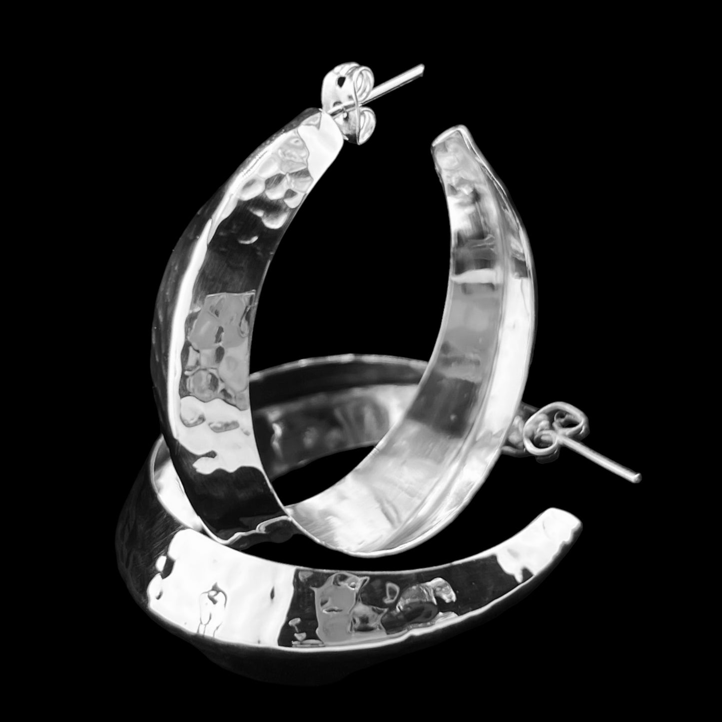 Sterling Silver .925 HOOP POST Earrings 45mmx10mm Hammered