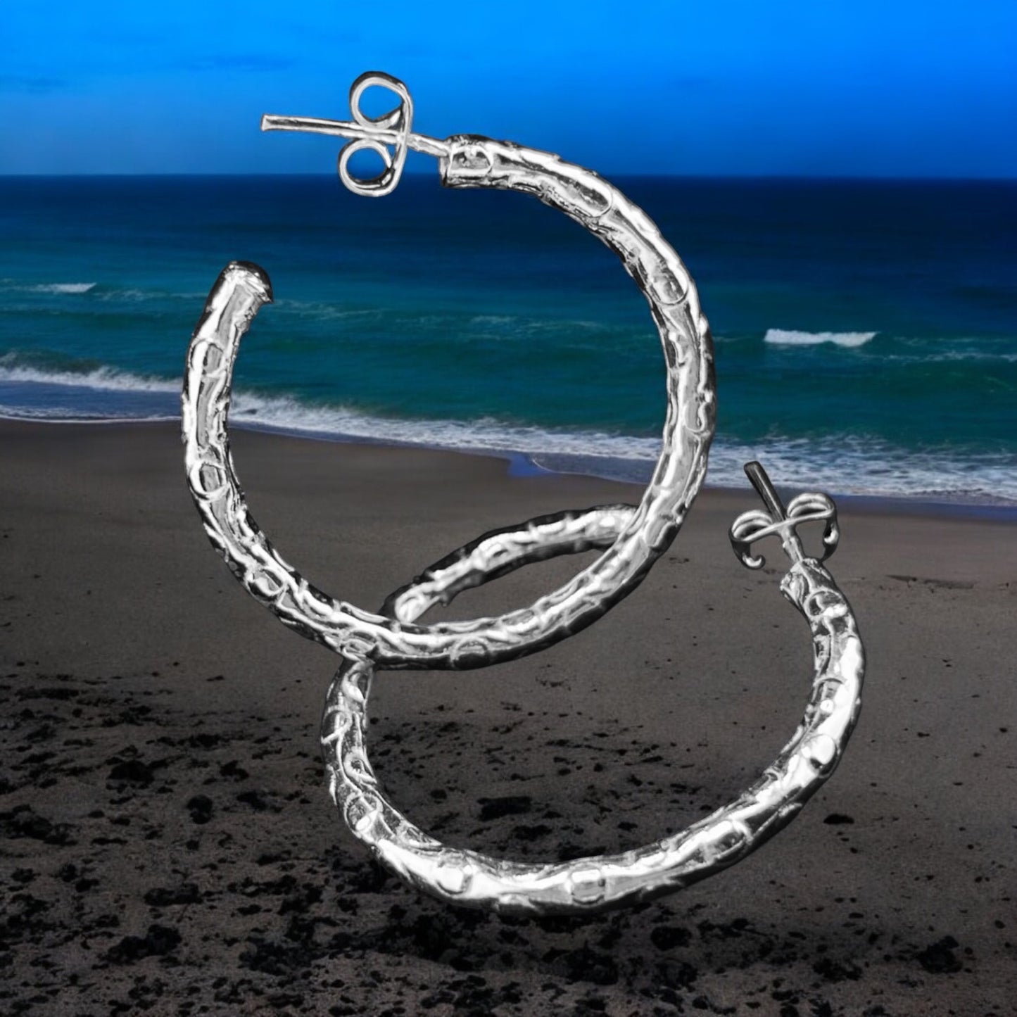 Sterling Silver .925 POST HOOP Earrings 30mmx2mm Hammered