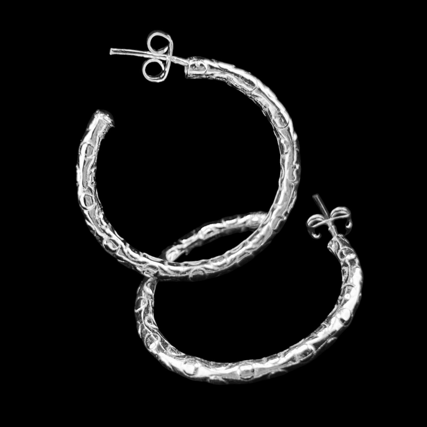 Sterling Silver .925 POST HOOP Earrings 30mmx2mm Hammered