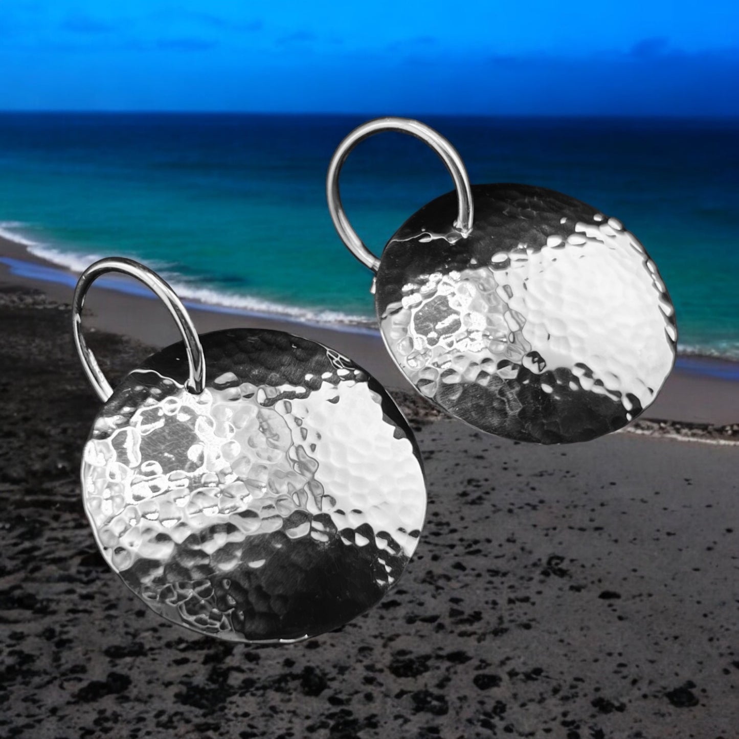 Sterling Silver .925 POST Earrings 35mmx45mm Hammered Disc
