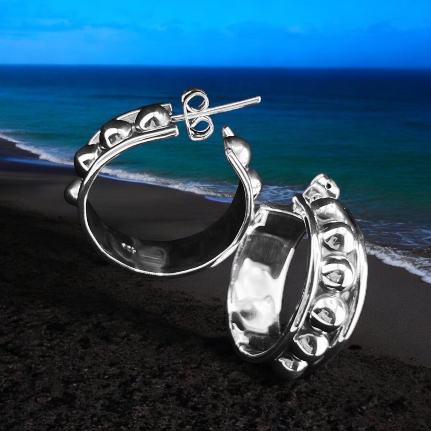 Sterling Silver HOOP POST 925 Earrings 23mmx8mm Bolitas Balls