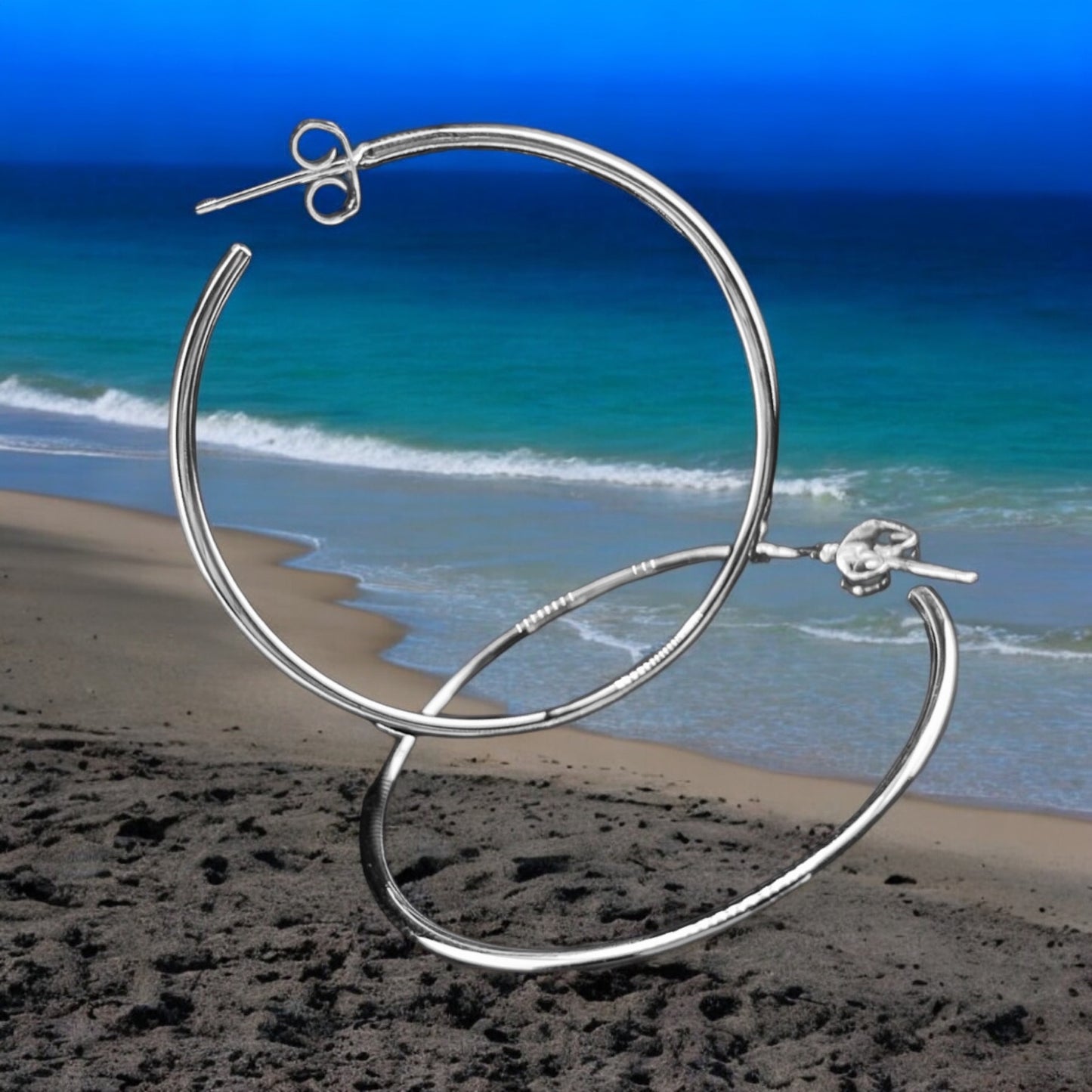 Sterling Silver .925 HOOP POST Earrings 40mmx1mm Smooth Round