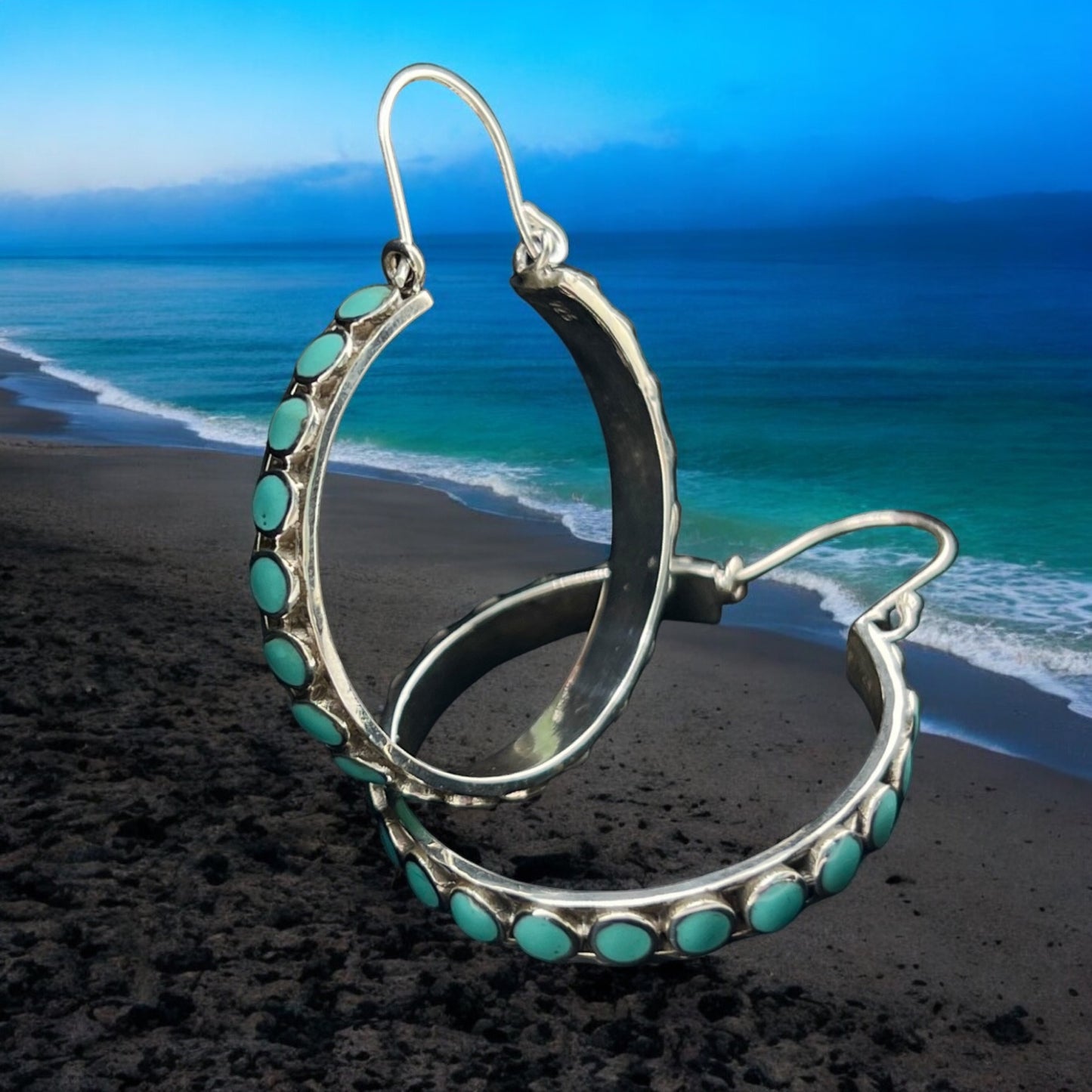 Sterling Silver .925 HOOP Earrings 35mmx4mm Turquoise