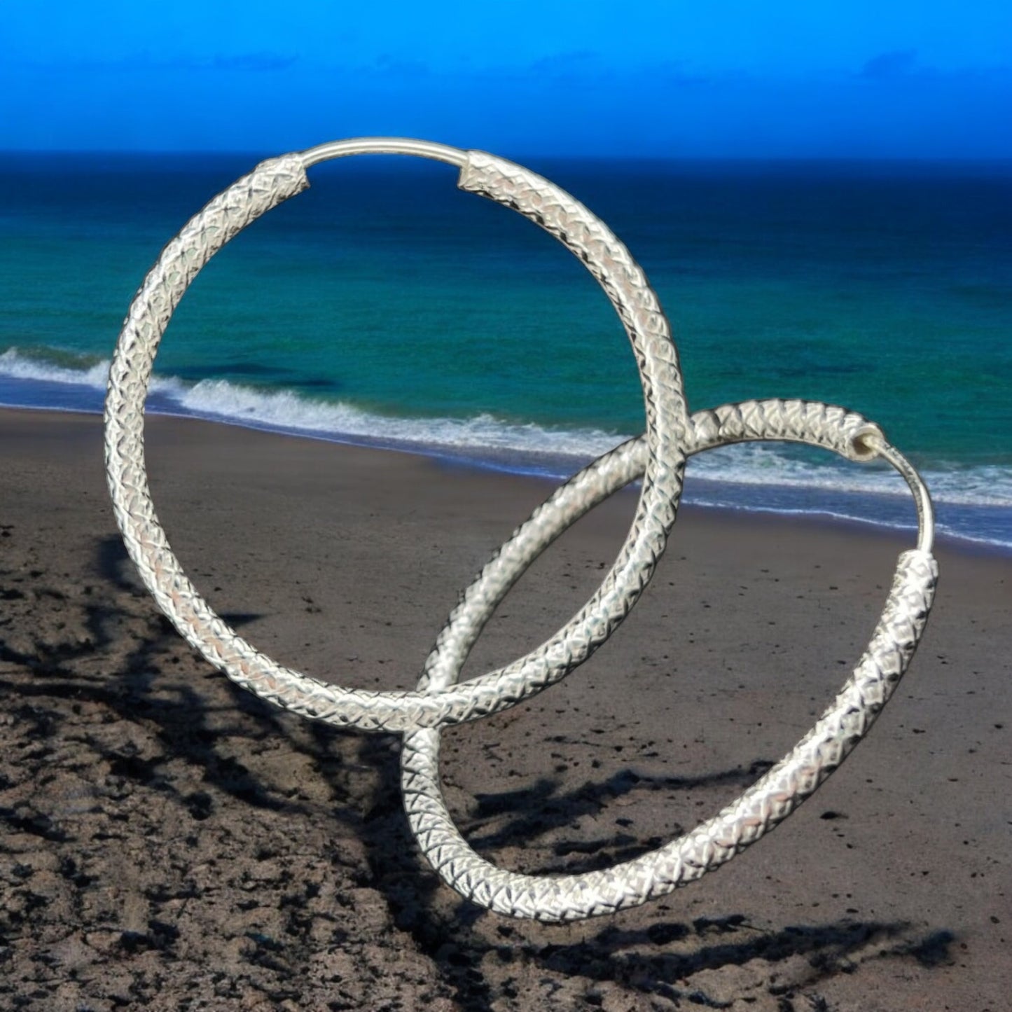 Sterling Silver .925 ENDLESS HOOP Earrings 37mmx2mm embossed