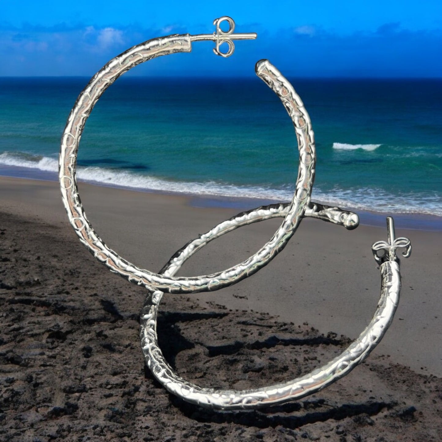 Sterling Silver .925 HOOP POST Earrings 45mmx3mm embossed