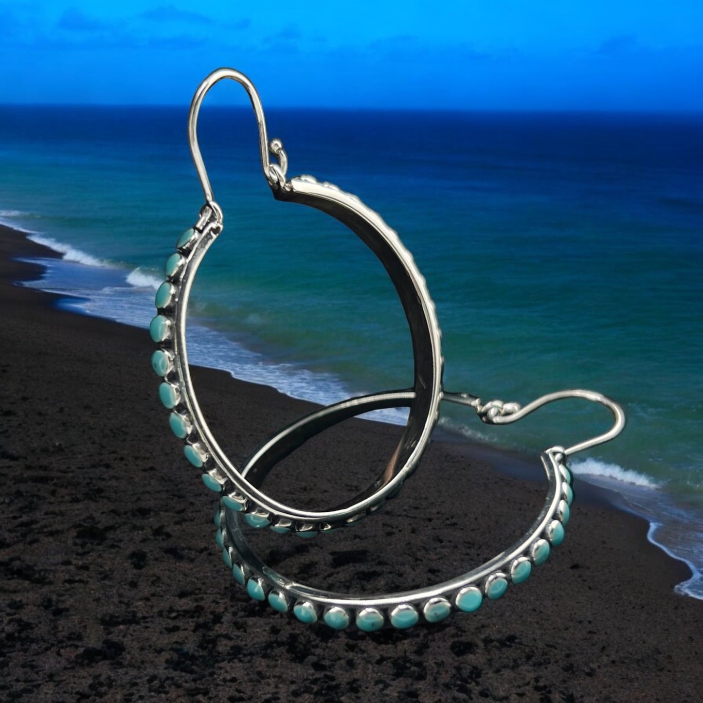 Sterling Silver .925 HOOP Earrings 34mmx3mm with Turquoise accents