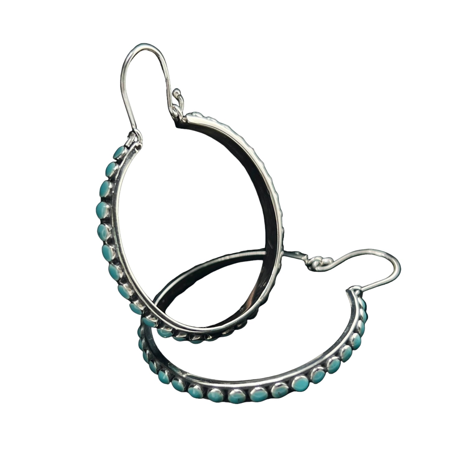 Sterling Silver .925 HOOP Earrings 34mmx3mm with Turquoise accents