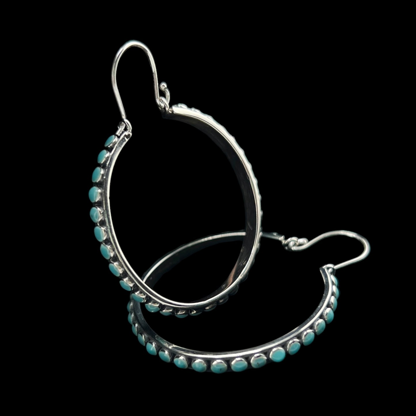 Sterling Silver .925 HOOP Earrings 34mmx3mm with Turquoise accents
