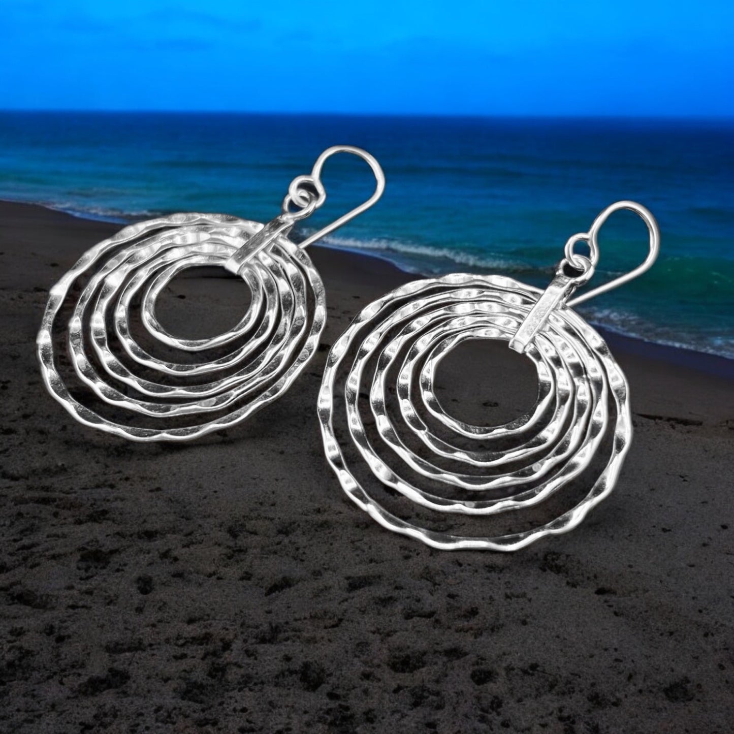 Sterling Silver .925 HOOP HOOK Earrings 6 Undulating Concentric Rings
