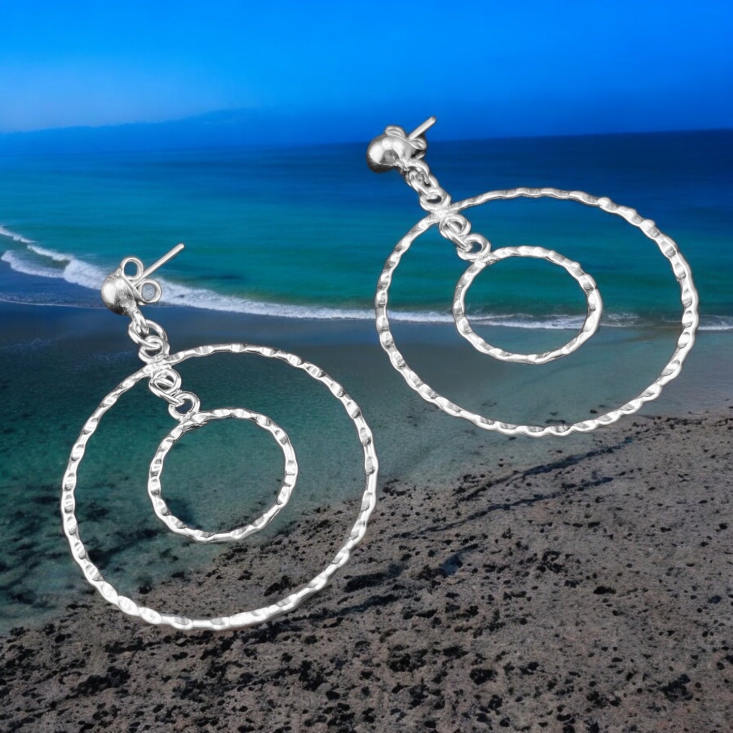 Sterling Silver .925 HOOP HOOK Earrings 35mmx1mm Hammered Rings
