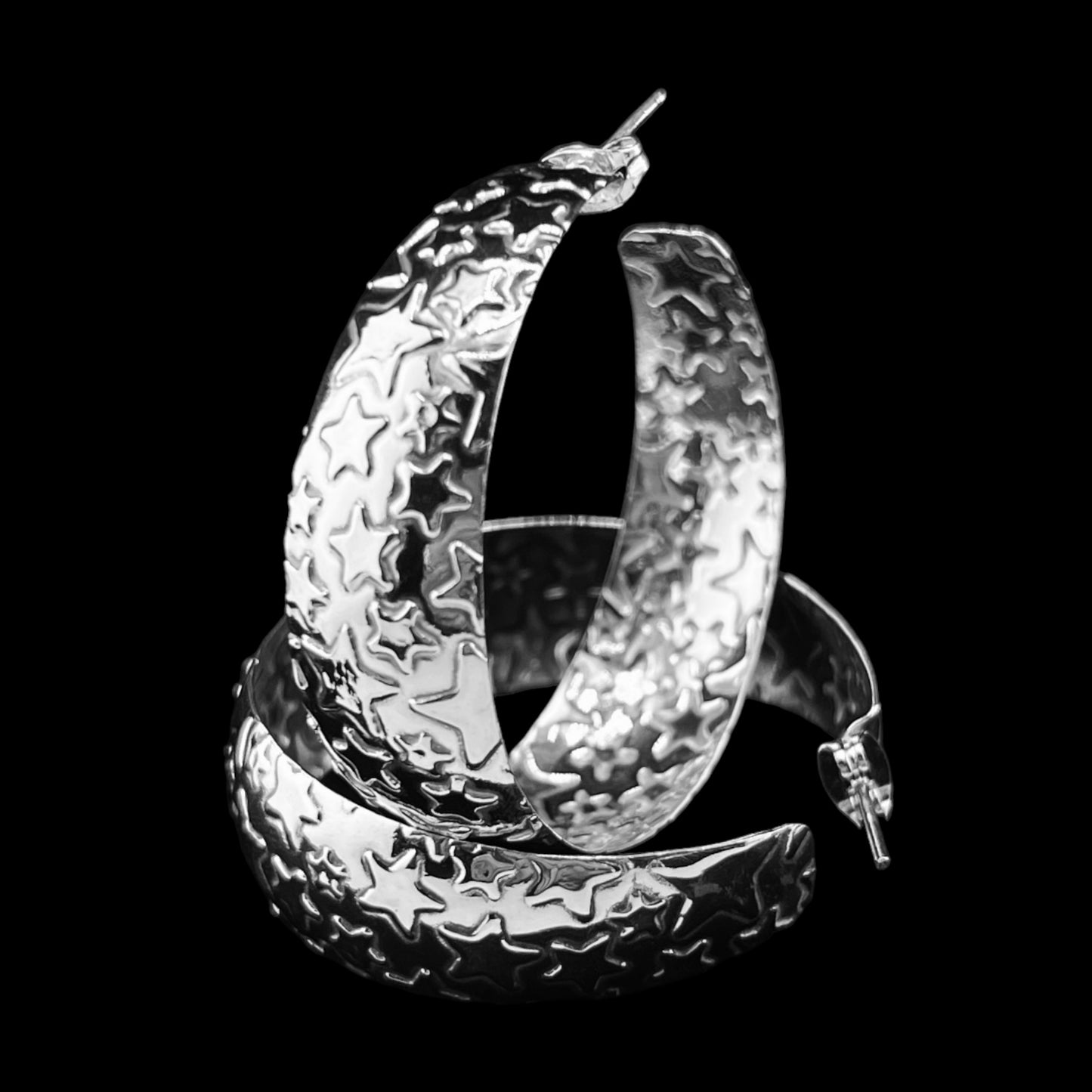 Sterling Silver .925 HOOP POST Earrings 44mx30mm Stars embossed