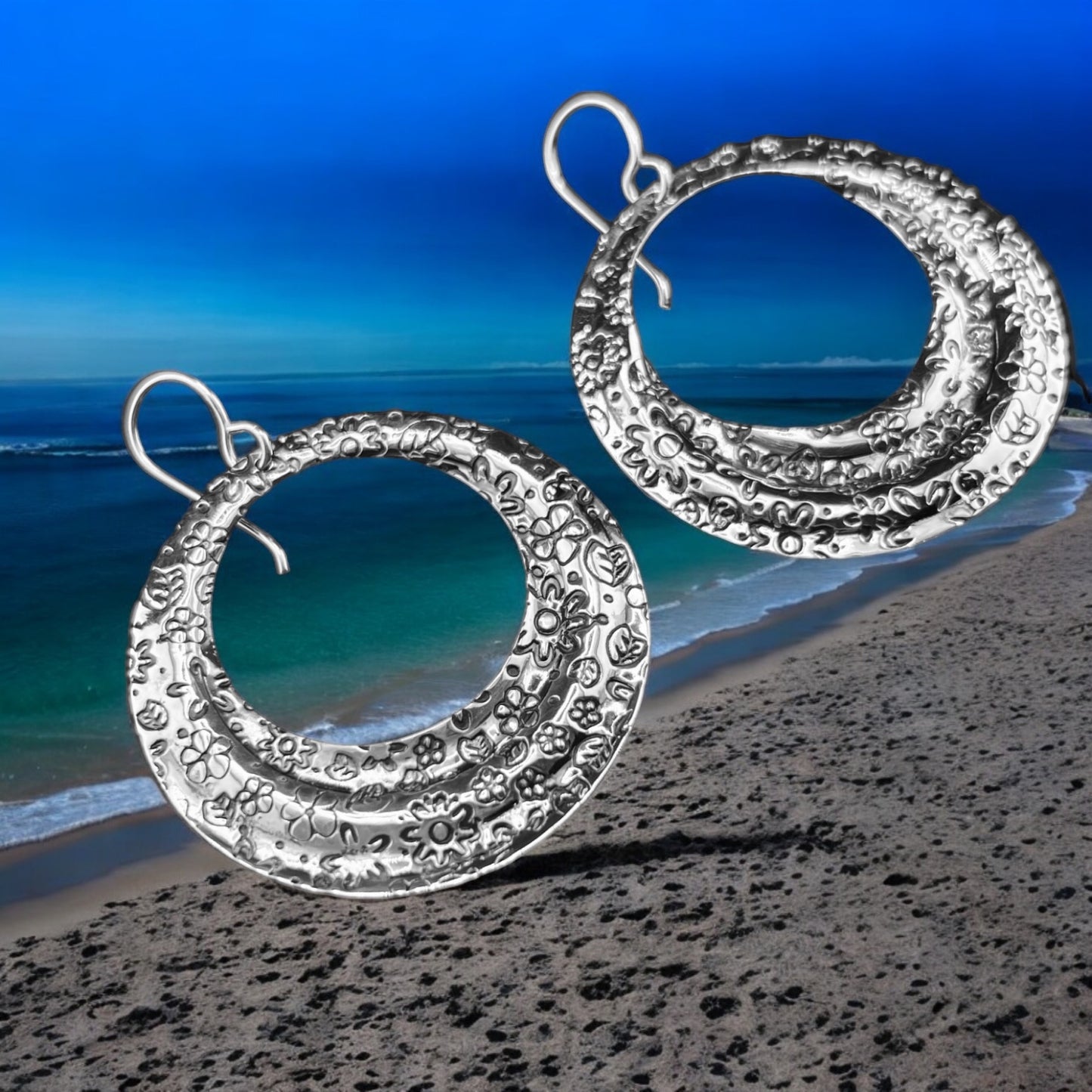 Sterling Silver .925 HOOP HOOK Earrings 40mm Embossed