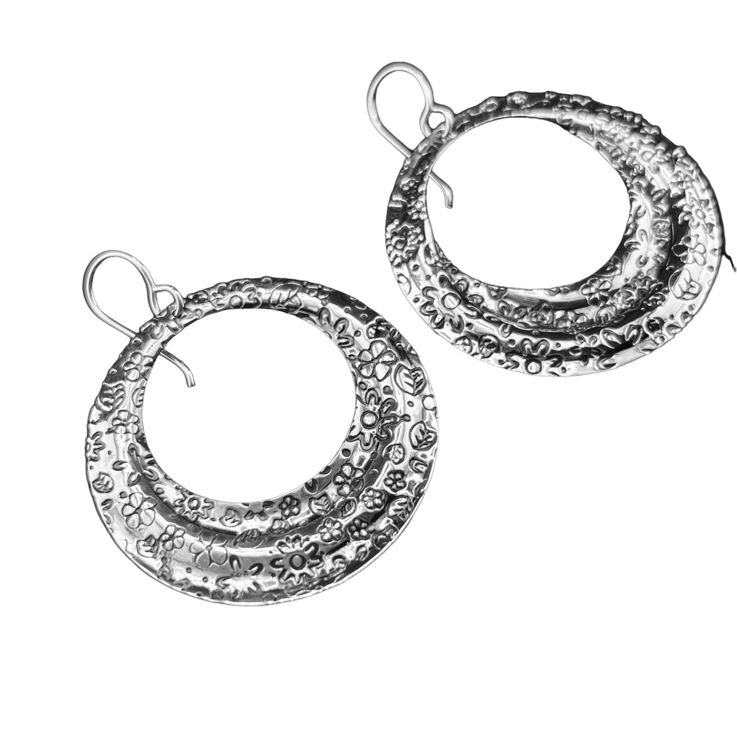 Sterling Silver .925 HOOP HOOK Earrings 40mm Embossed