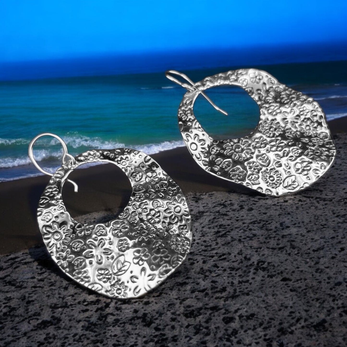 Sterling Silver .925 HOOK Earrings Undulating Floral Embossed