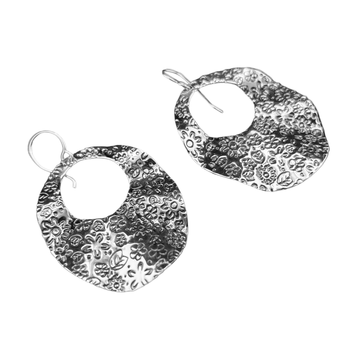 Sterling Silver .925 HOOK Earrings Undulating Floral Embossed