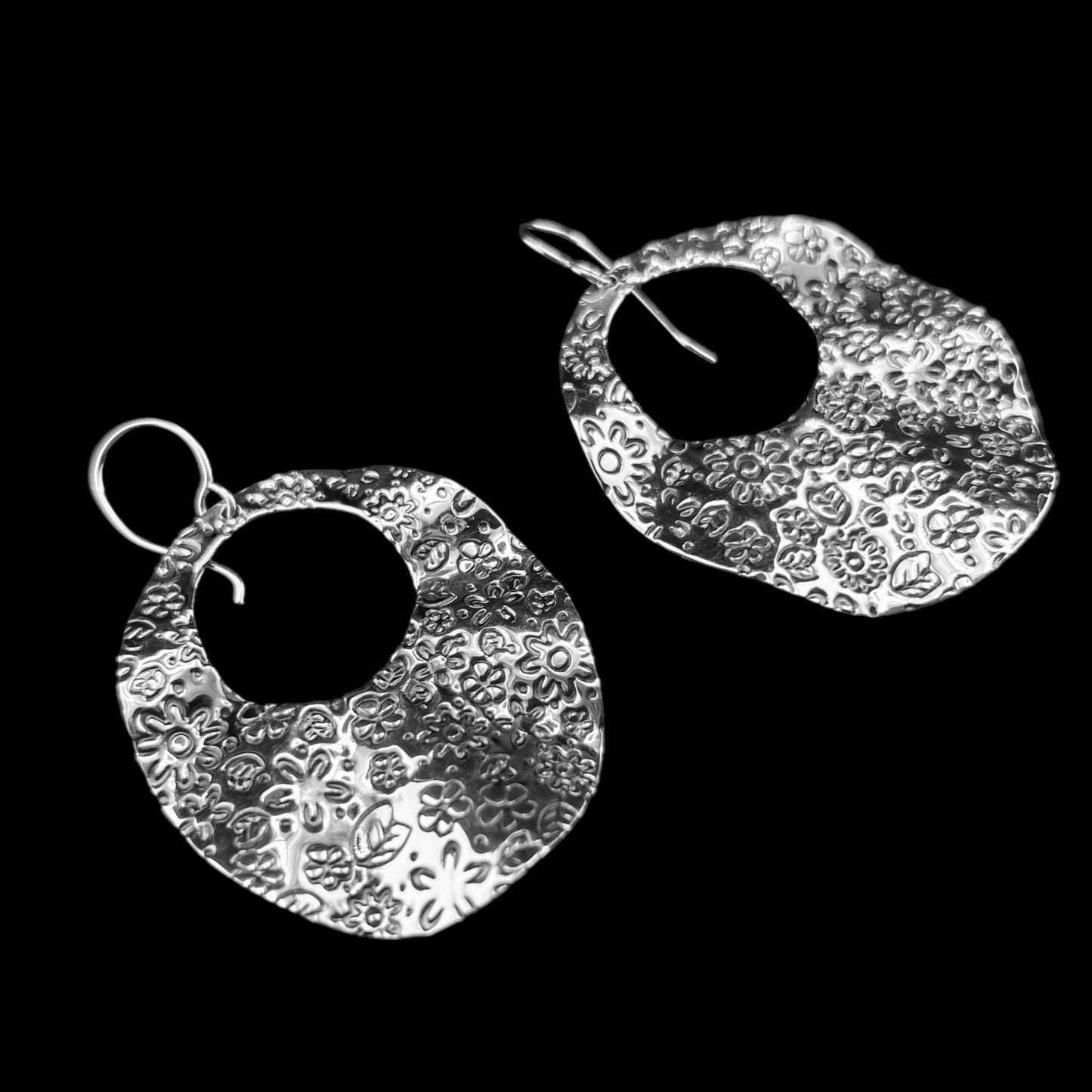 Sterling Silver .925 HOOK Earrings Undulating Floral Embossed