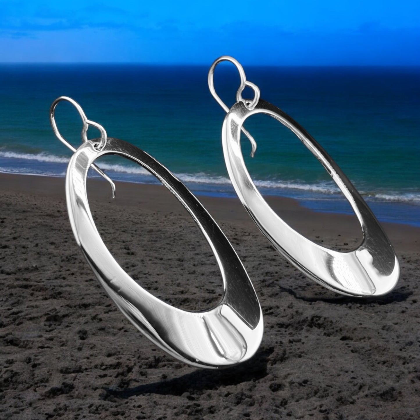 Sterling Silver .925 HOOK Earrings Oval Smooth 20mmx44mm