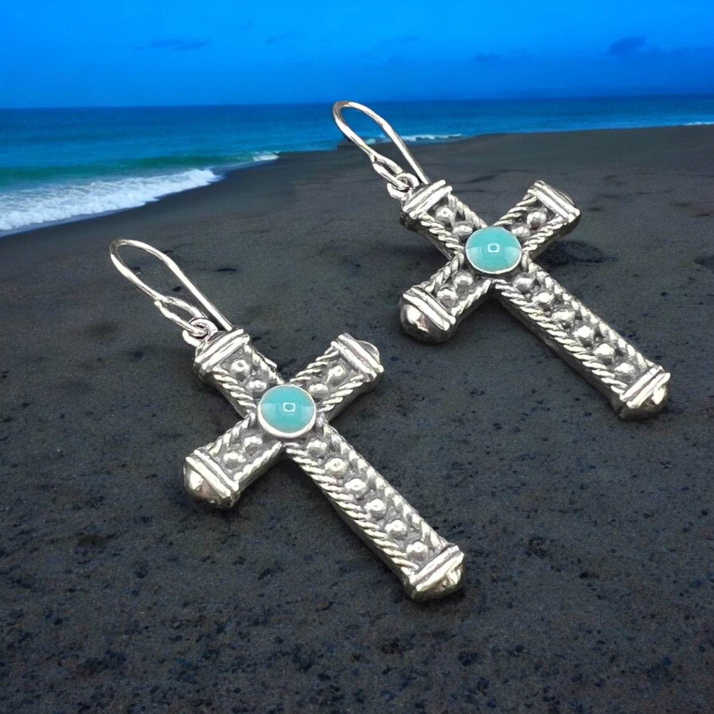 Sterling Silver .925HOOK Earrings 20mmx28mm Cross with Turquoise