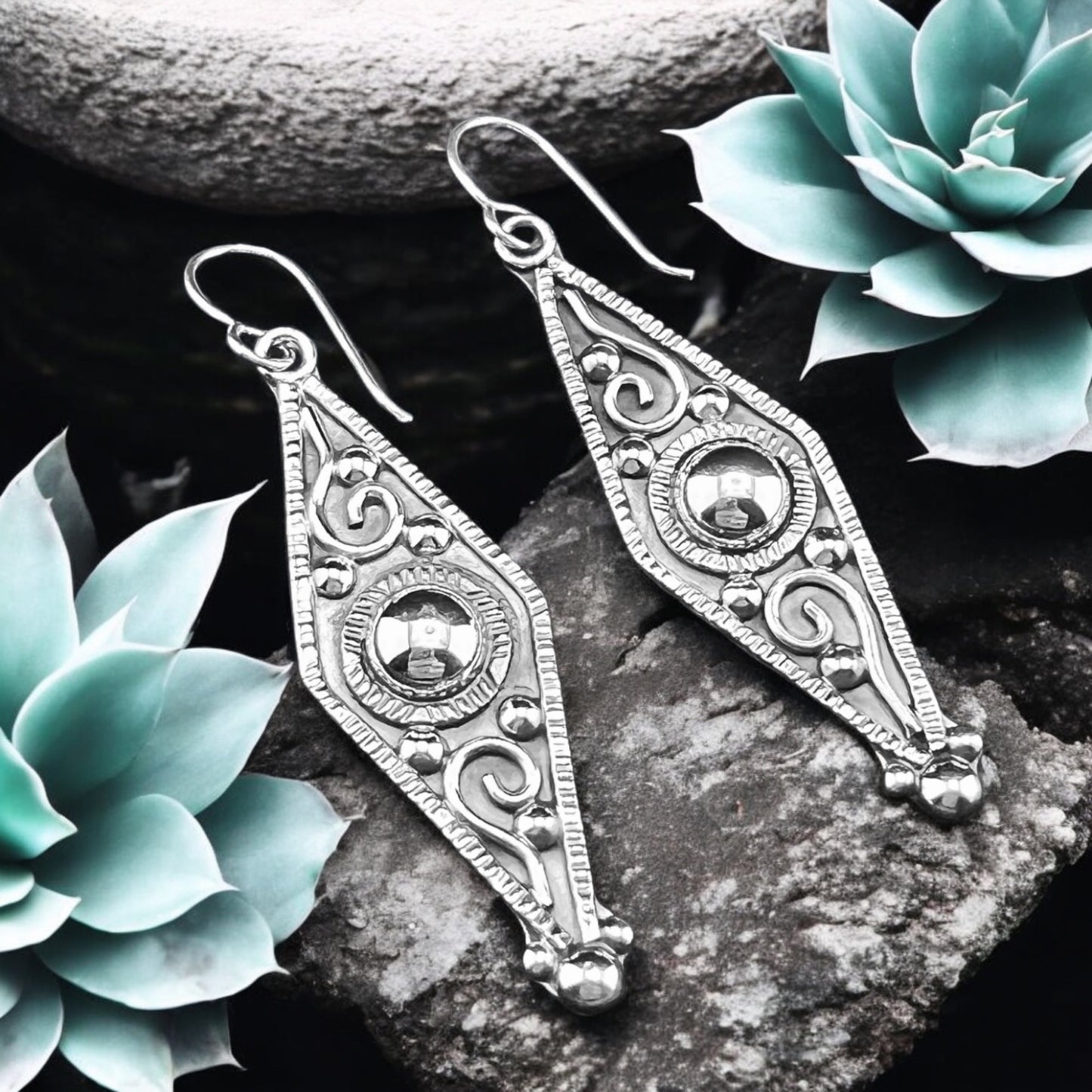 Sterling Silver .925 HOOK Earrings 16mmx50mm Diamond Shape
