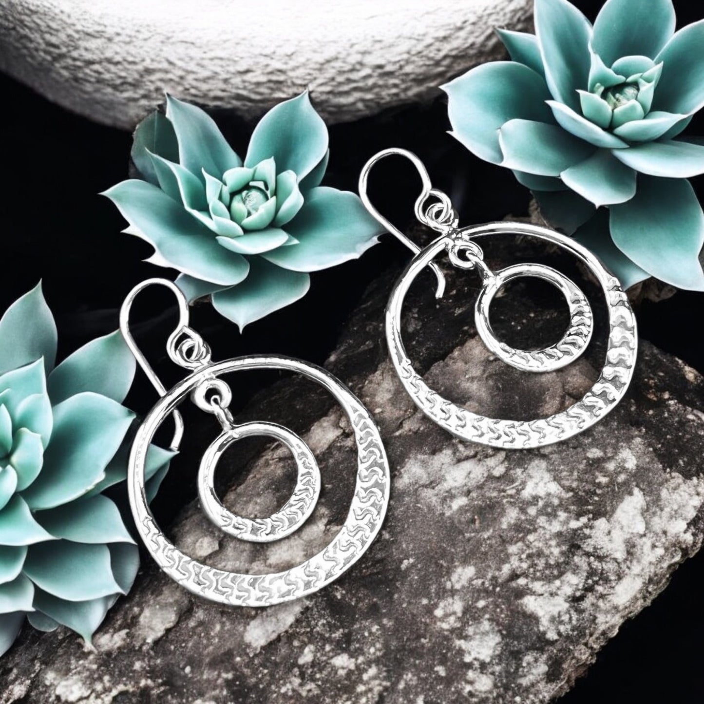 Sterling Silver .925 HOOK Earrings 23mm Embossed Circle in Circle