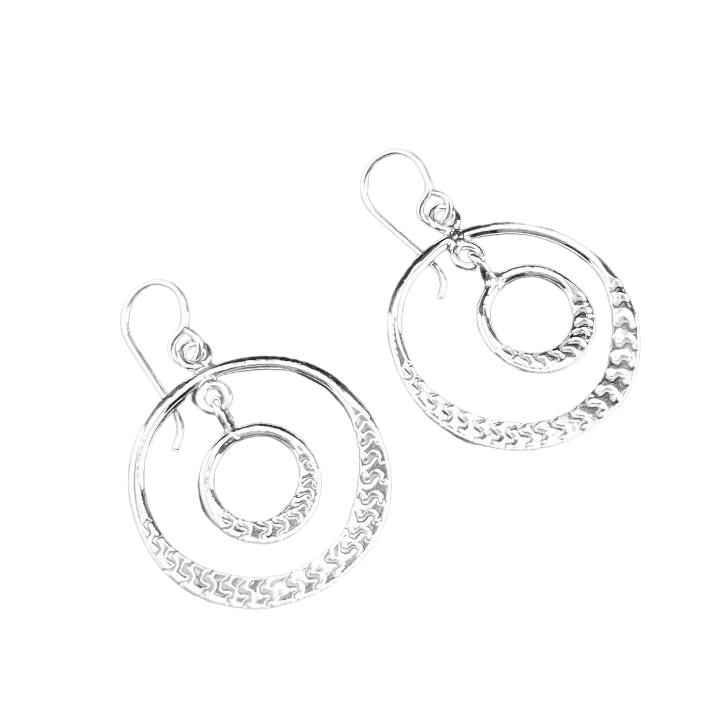 Sterling Silver .925 HOOK Earrings 23mm Embossed Circle in Circle