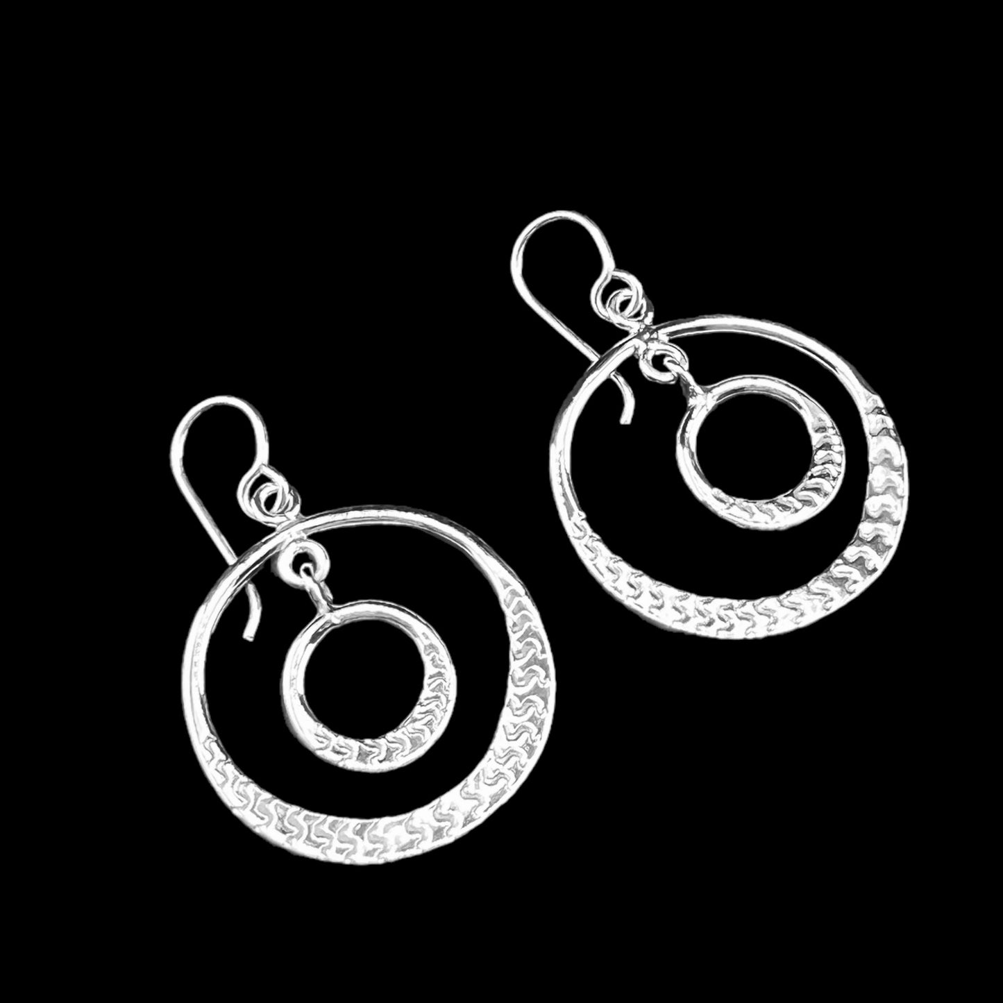 Sterling Silver .925 HOOK Earrings 23mm Embossed Circle in Circle