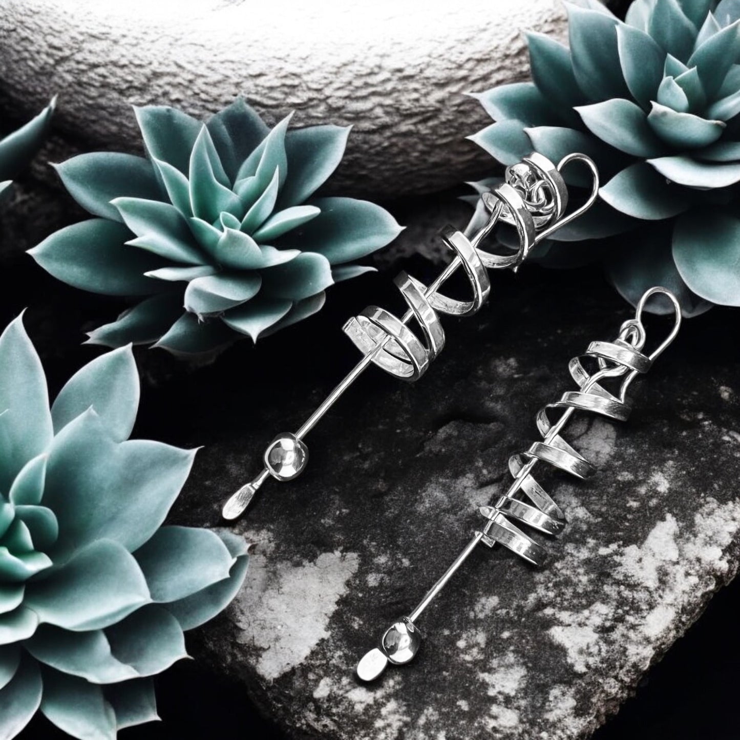 Sterling Silver .925 HOOK Earrings Spiral with Dangle