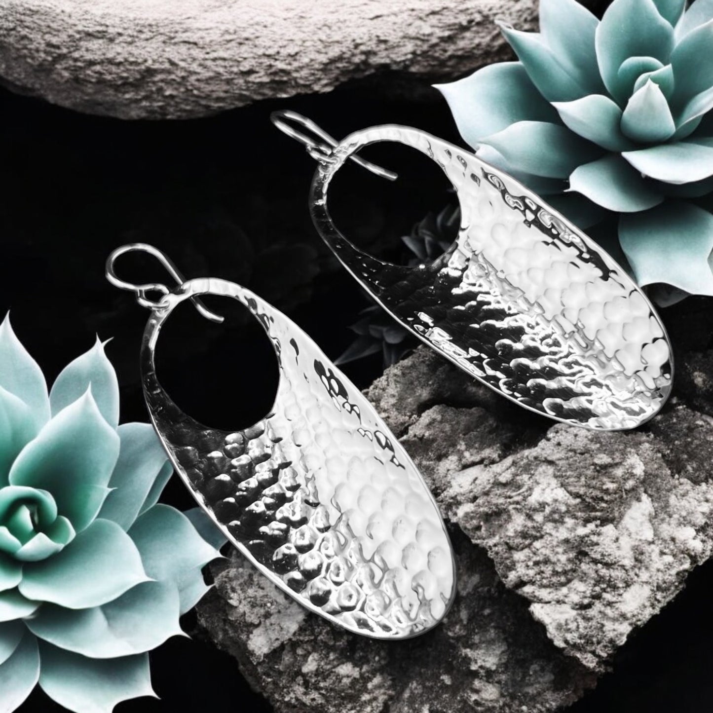 Sterling Silver .925 HOOK Earrings 23mmx63mm Cupped Hammered Oval
