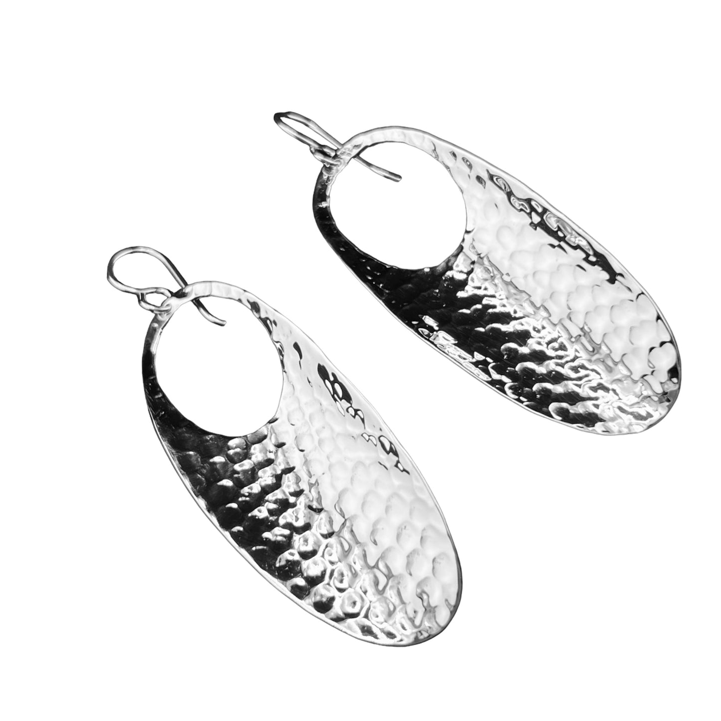 Sterling Silver .925 HOOK Earrings 23mmx63mm Cupped Hammered Oval