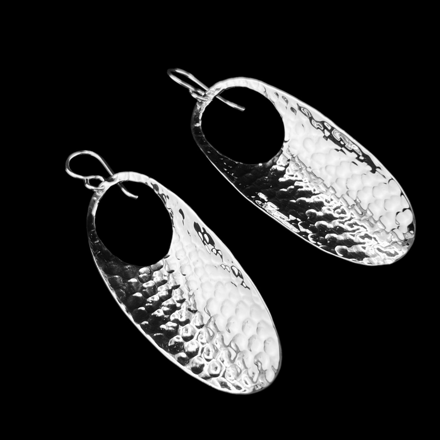 Sterling Silver .925 HOOK Earrings 23mmx63mm Cupped Hammered Oval