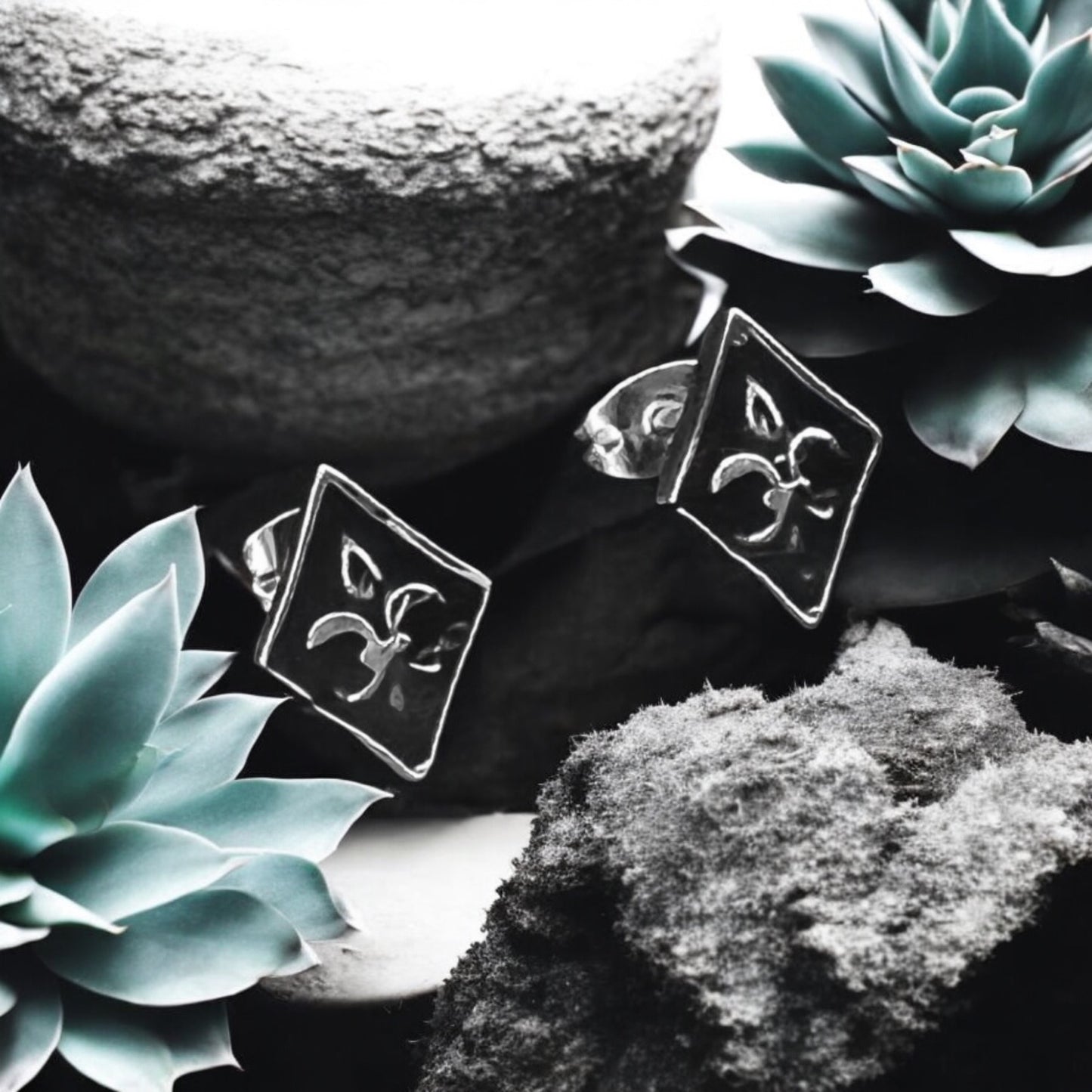 Sterling Silver .925 POST Earrings 12mmx12mm Flor di Lis on Diamond Shape