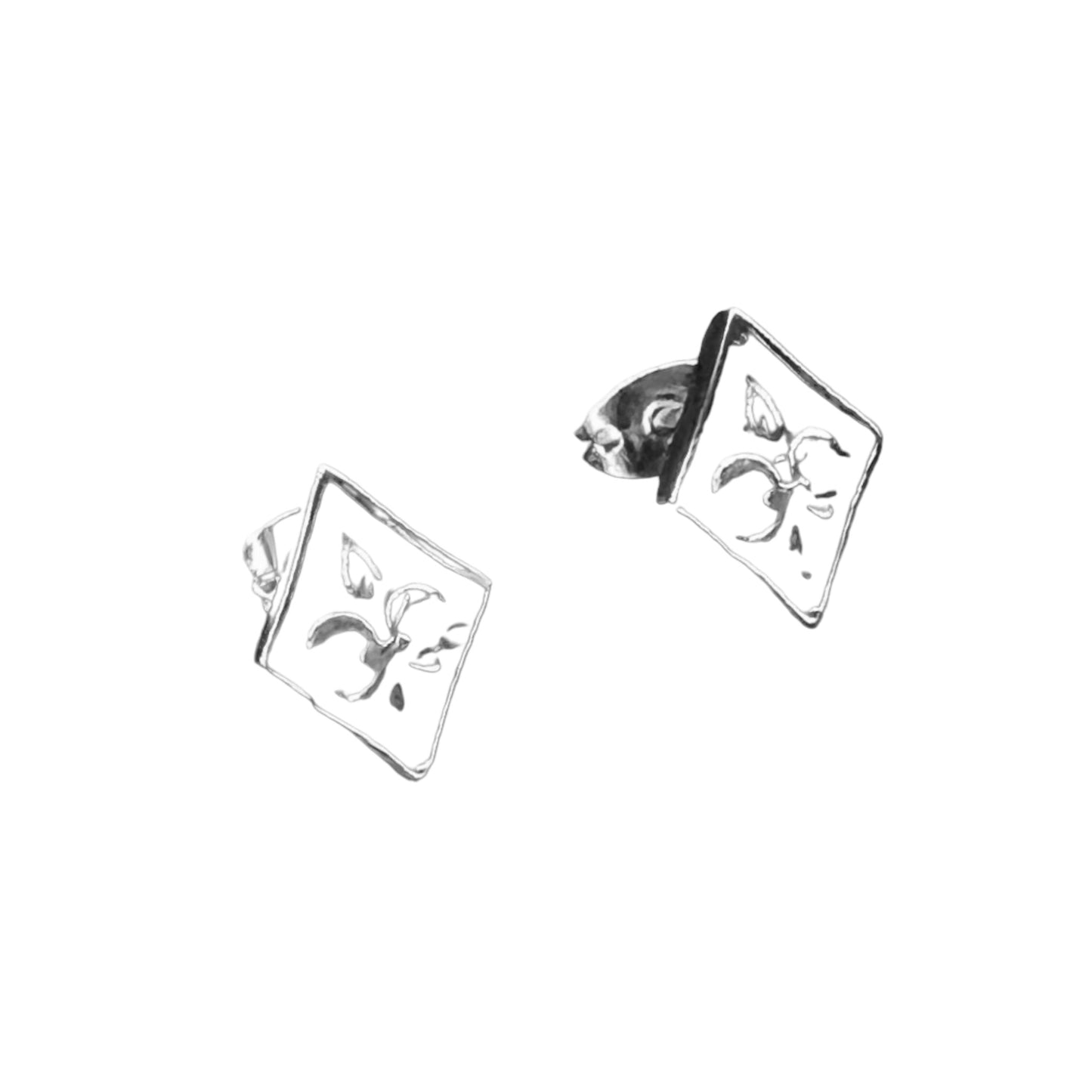 Sterling Silver .925 POST Earrings 12mmx12mm Flor di Lis on Diamond Shape