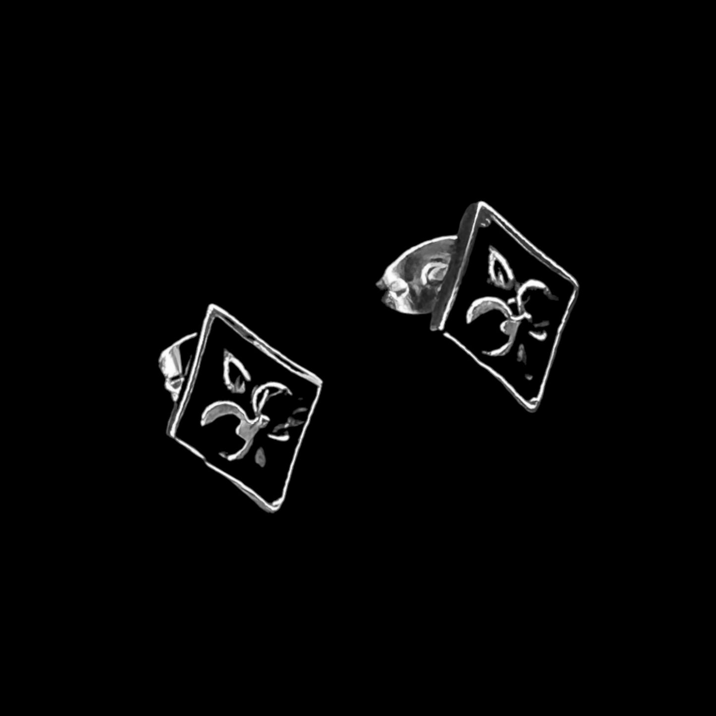 Sterling Silver .925 POST Earrings 12mmx12mm Flor di Lis on Diamond Shape