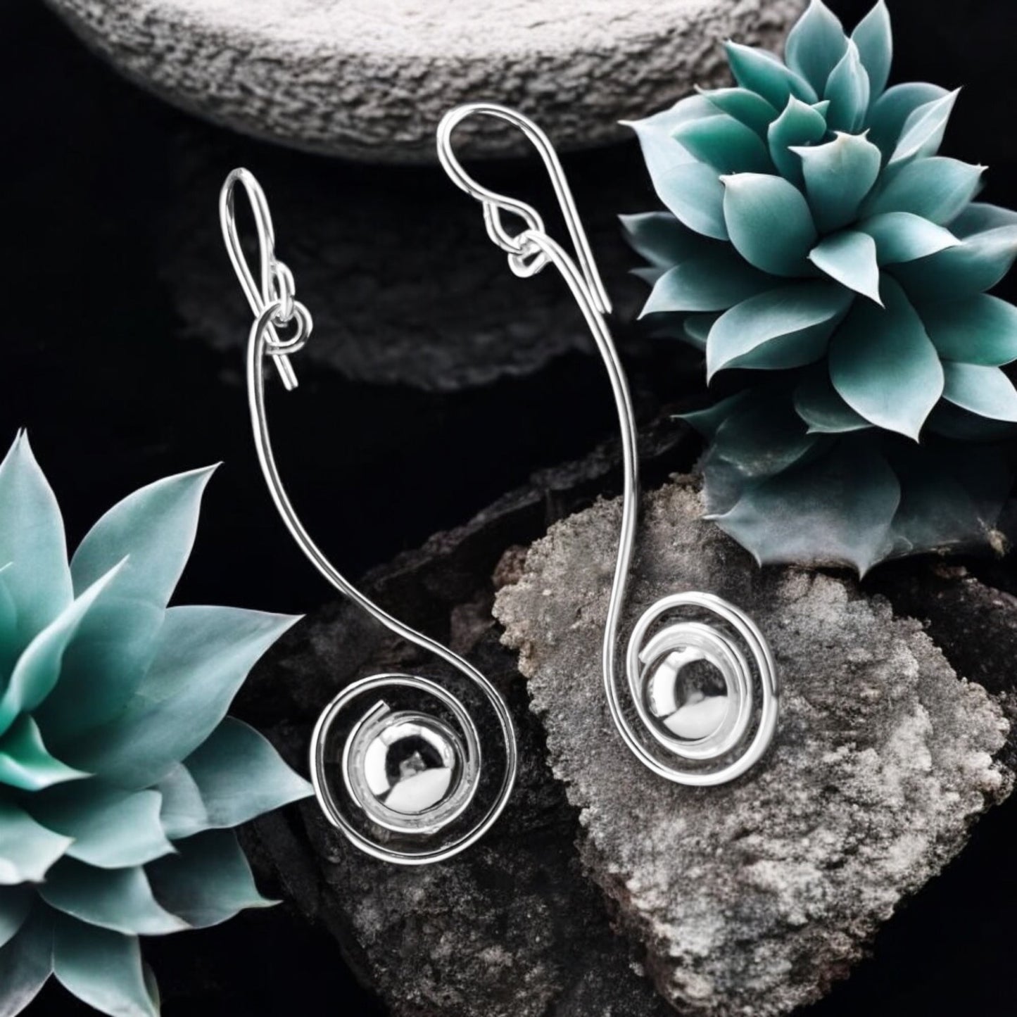 Sterling Silver .925 HOOK Earrings 16mmx45mm Spiral Fiddlehead with Silver Pearl