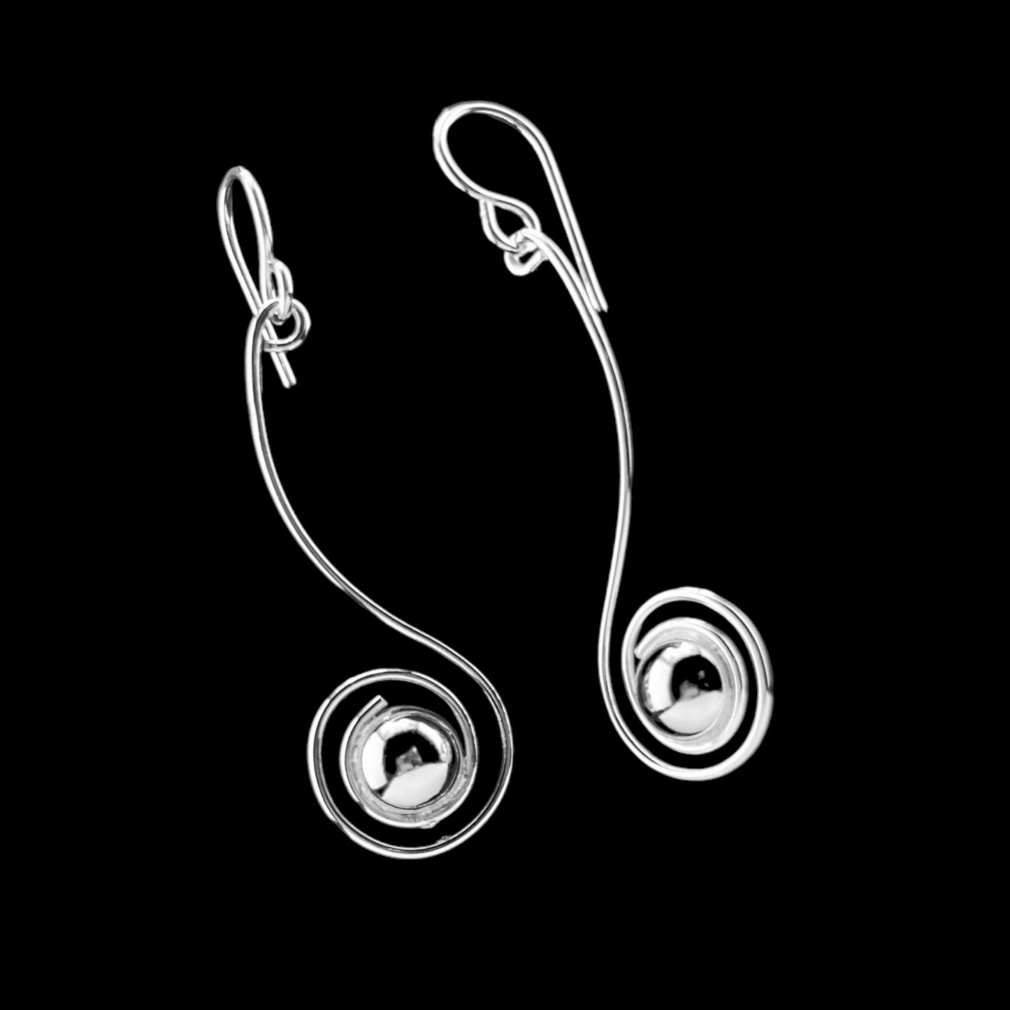 Sterling Silver .925 HOOK Earrings 16mmx45mm Spiral Fiddlehead with Silver Pearl