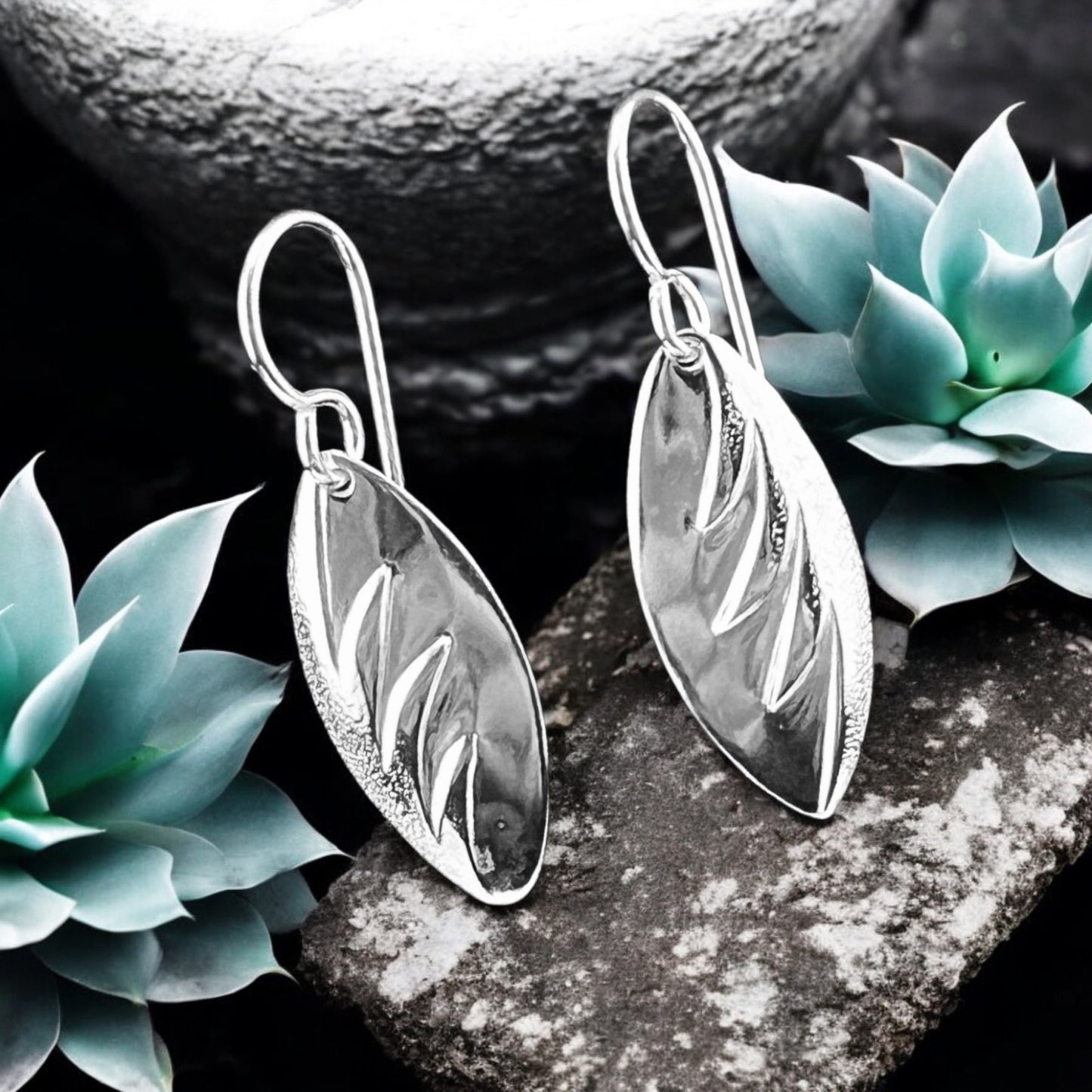 Sterling Silver .925 HOOK Earrings 7mmx22mm Leaf Front edge embossed
