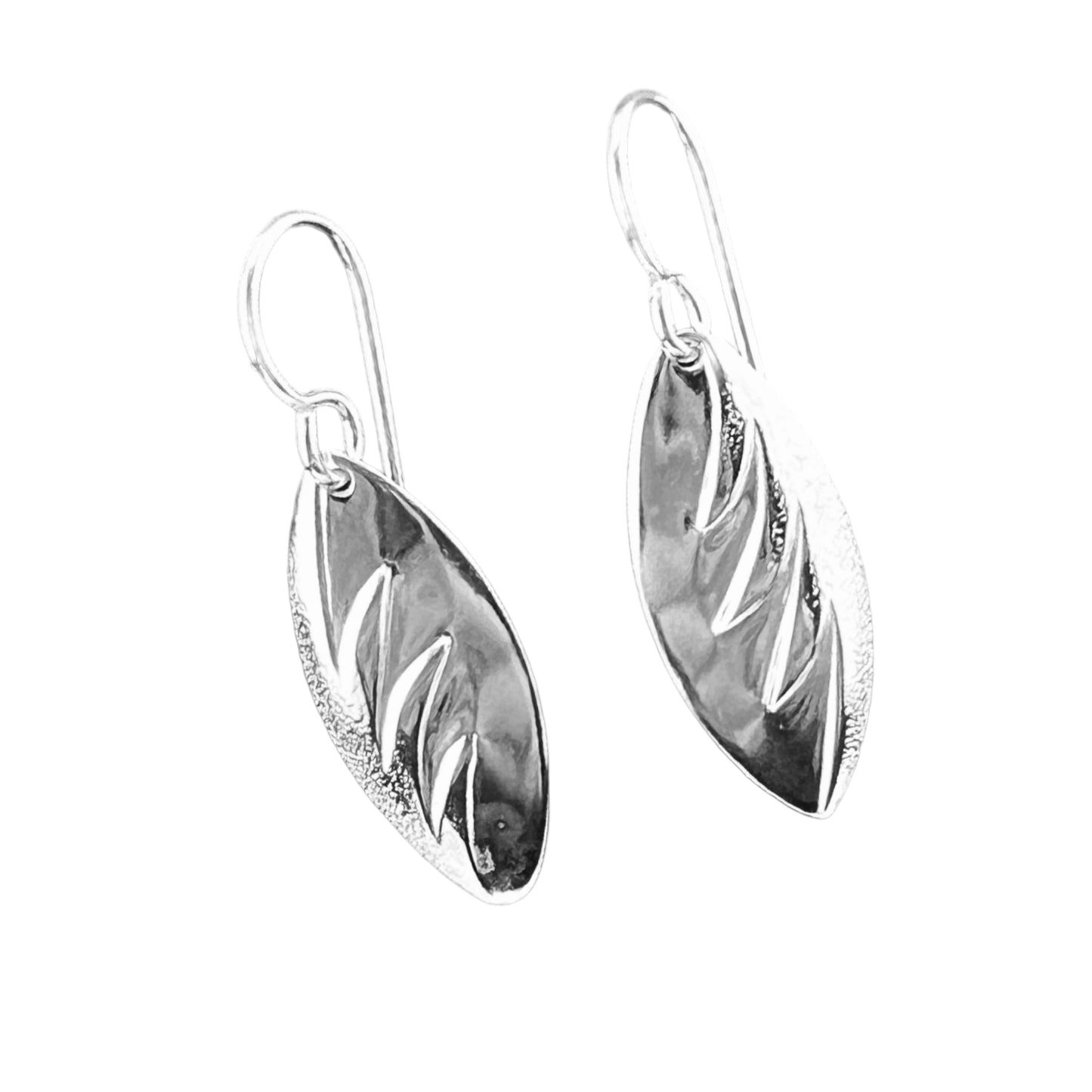 Sterling Silver .925 HOOK Earrings 7mmx22mm Leaf Front edge embossed