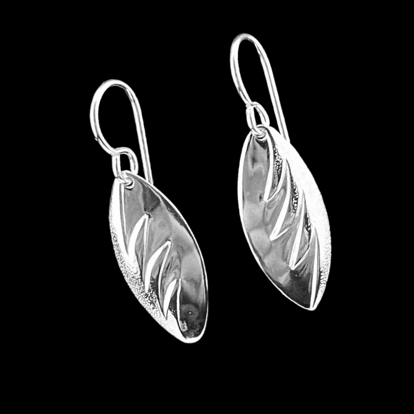 Sterling Silver .925 HOOK Earrings 7mmx22mm Leaf Front edge embossed