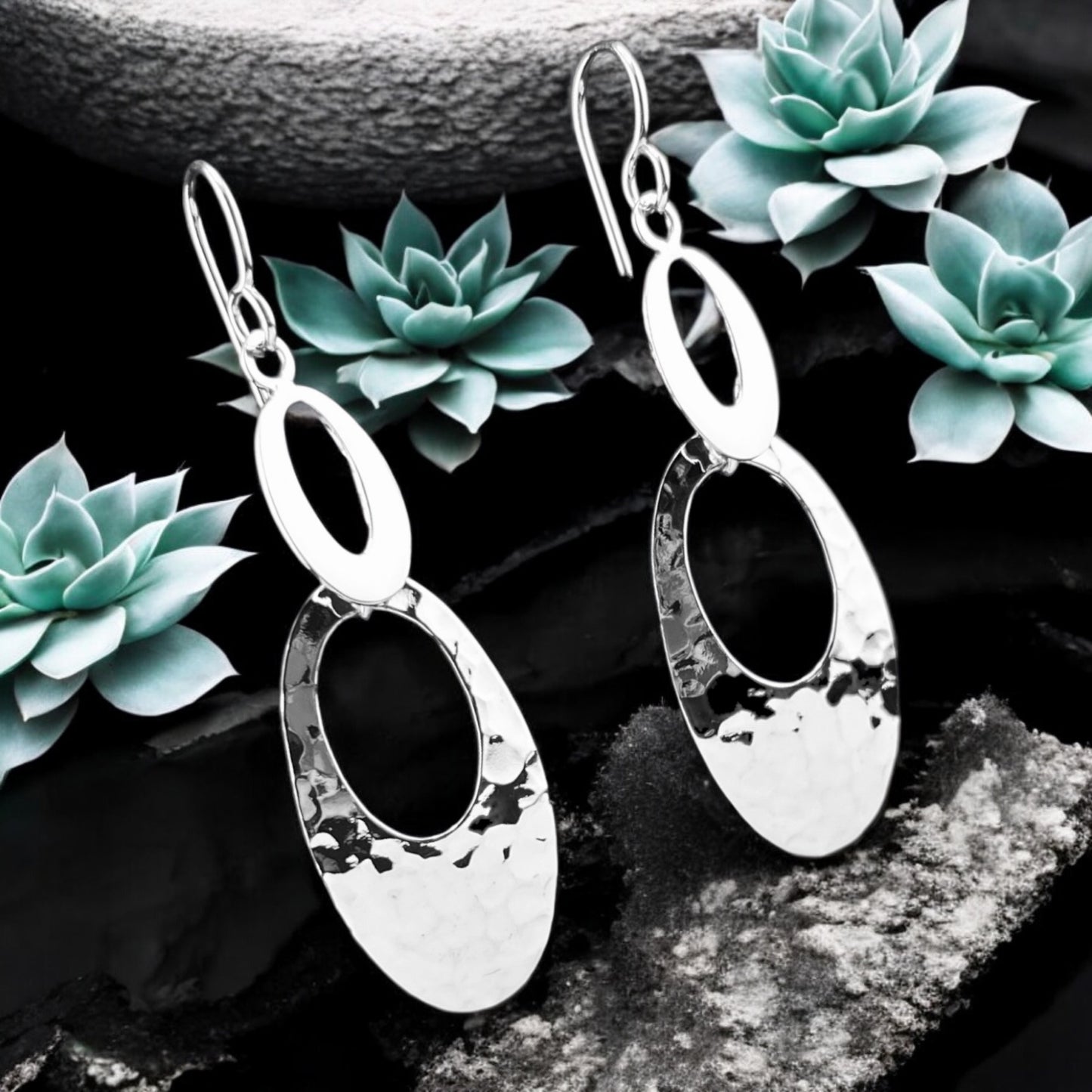 Sterling Silver .925 HOOK Earrings 22mmx50mm Two Tier Open Ovals with Hammered and Smooth finish