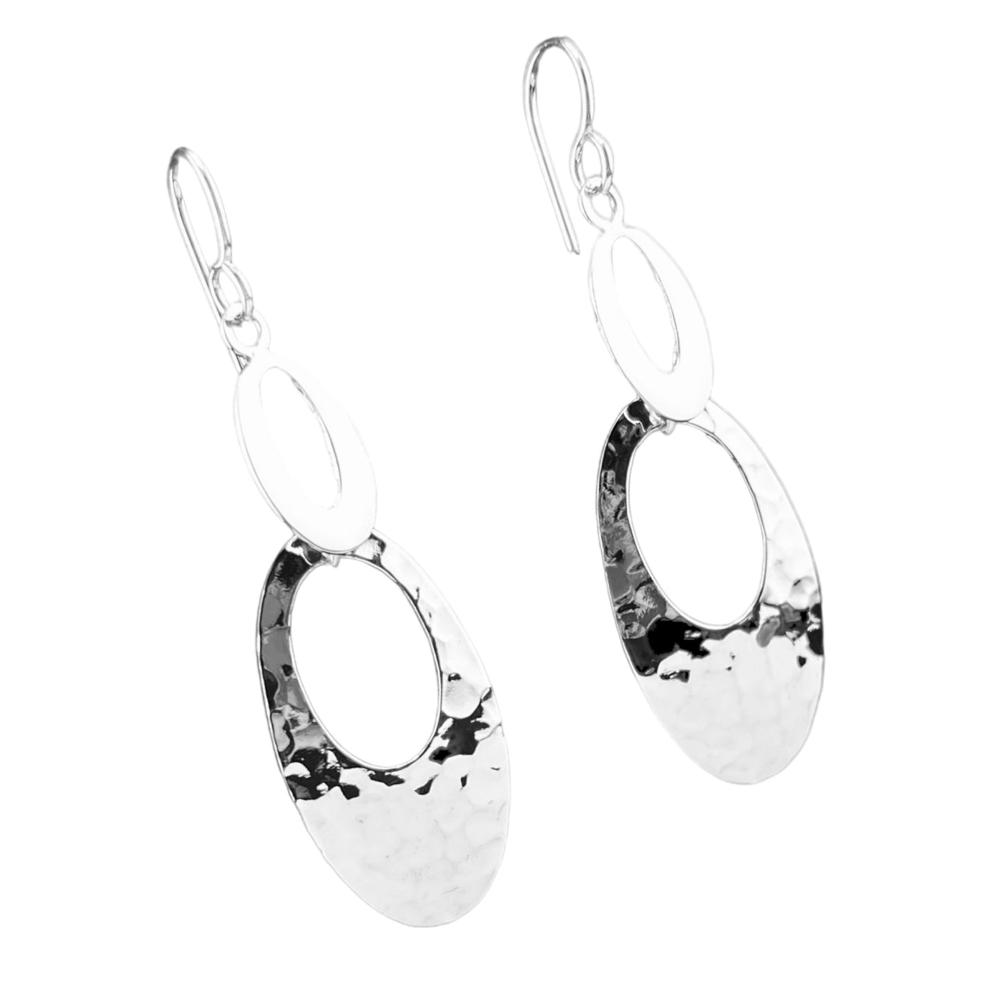 Sterling Silver .925 HOOK Earrings 22mmx50mm Two Tier Open Ovals with Hammered and Smooth finish