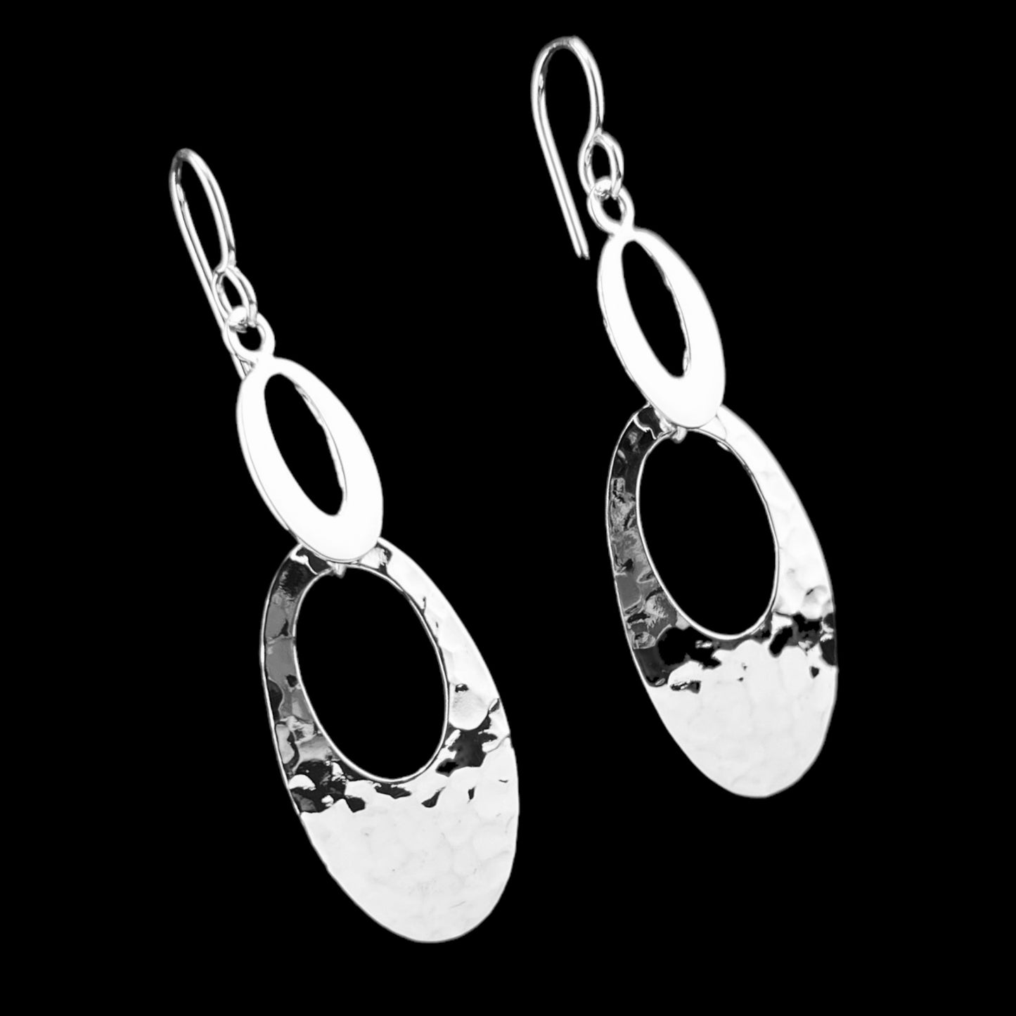 Sterling Silver .925 HOOK Earrings 22mmx50mm Two Tier Open Ovals with Hammered and Smooth finish