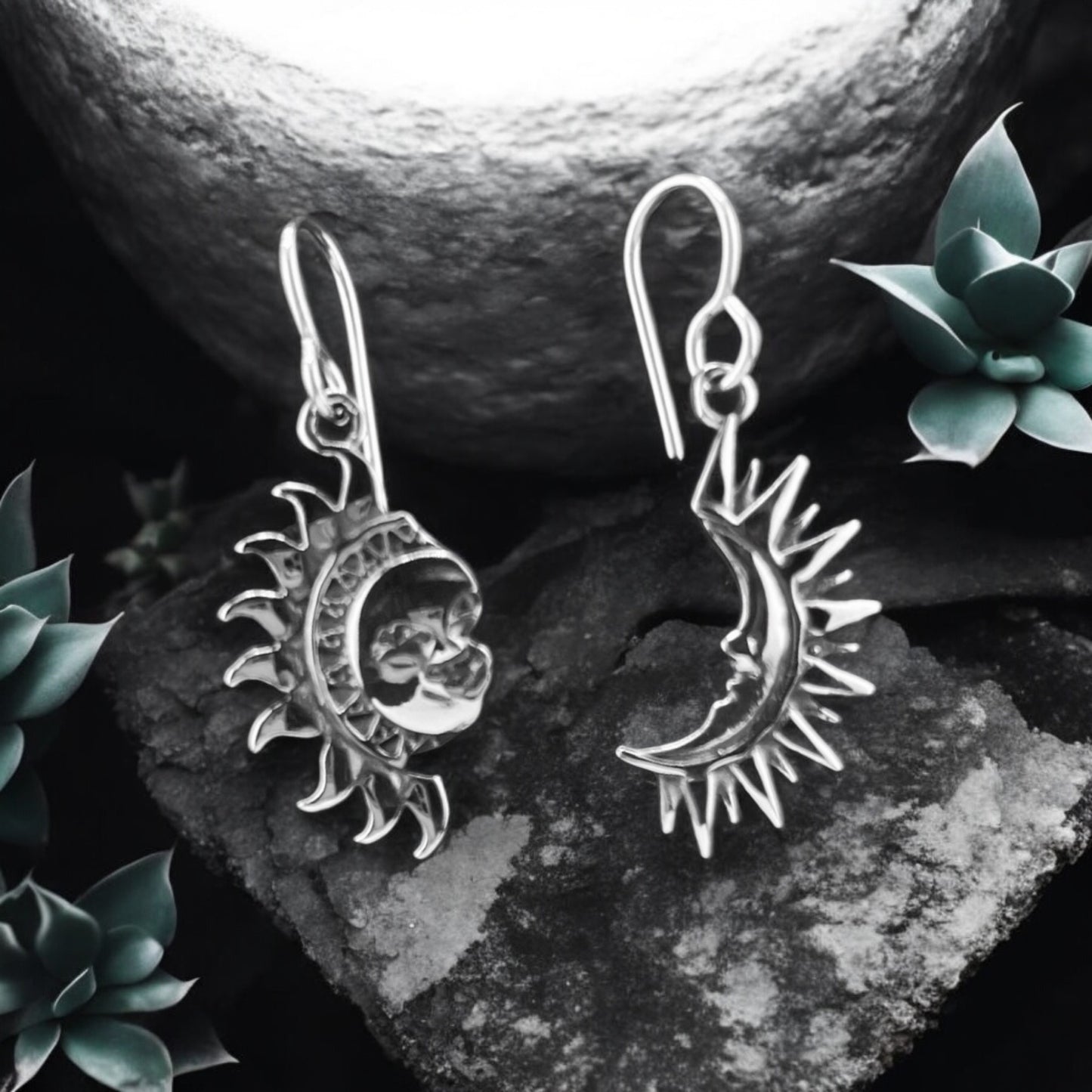 Sterling Silver .925 HOOK Earrings 13mmx23mm Sun Moon