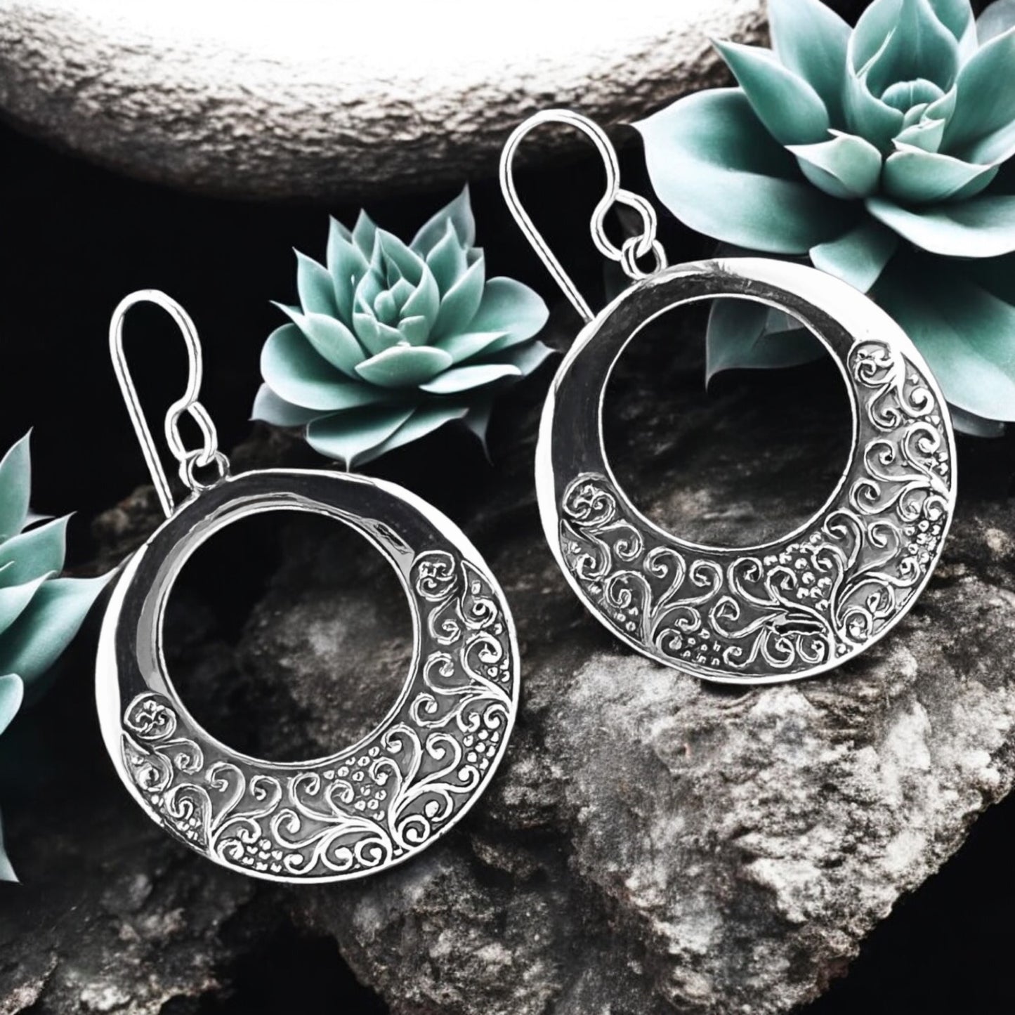 Sterling Silver .925 HOOK Earrings 30mmx32mm Embossed Circle with open circle