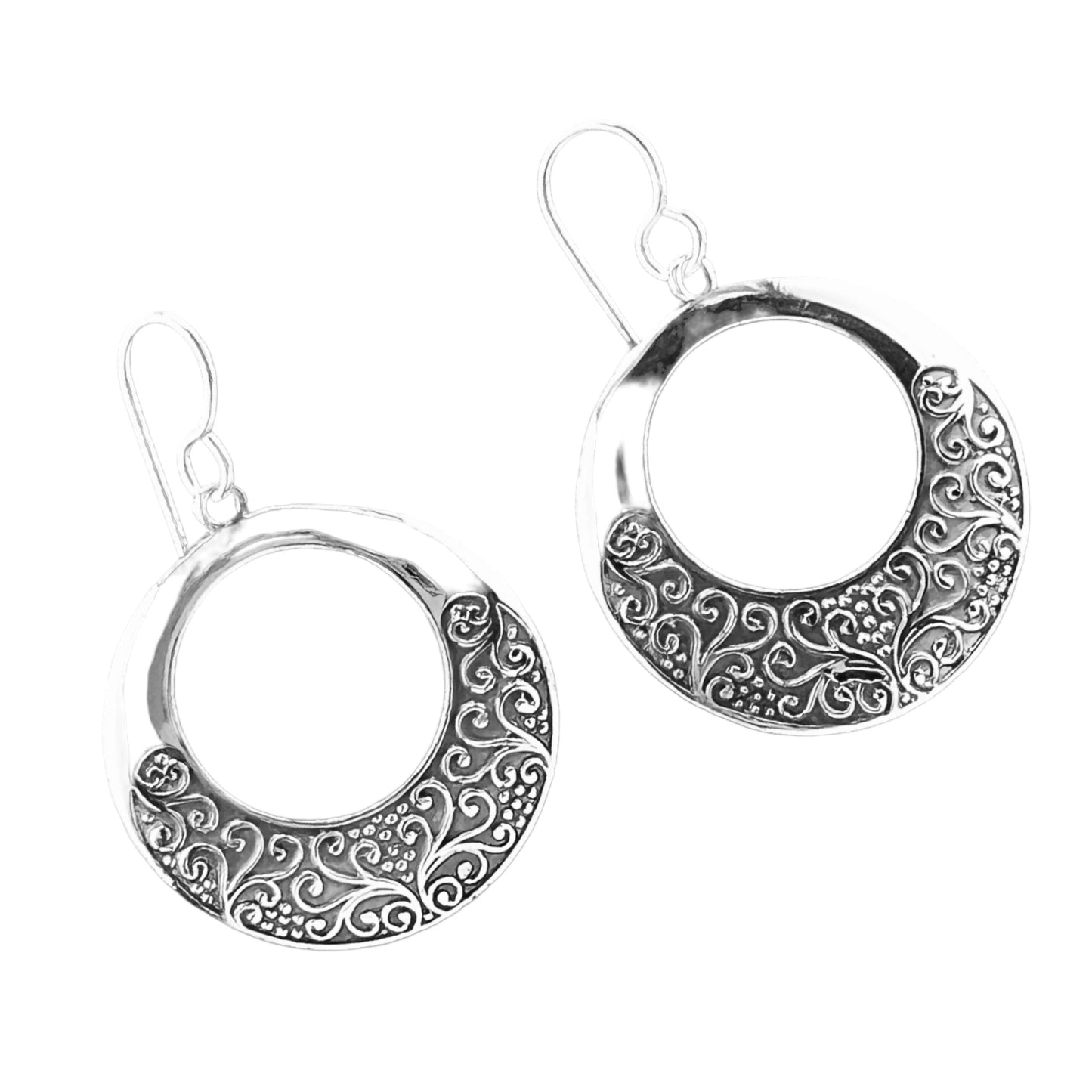 Sterling Silver .925 HOOK Earrings 30mmx32mm Embossed Circle with open circle