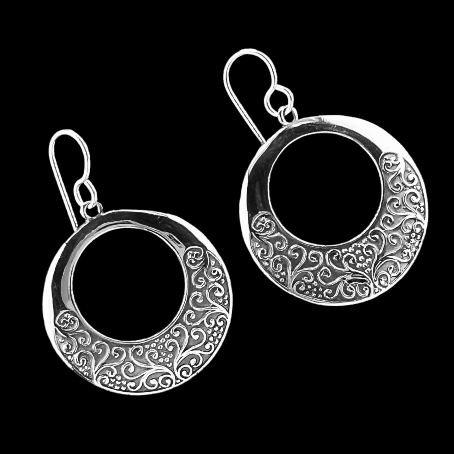 Sterling Silver .925 HOOK Earrings 30mmx32mm Embossed Circle with open circle