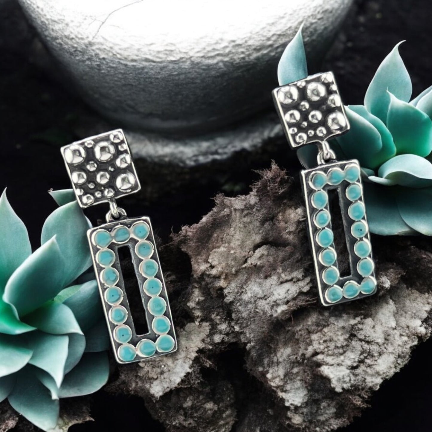 Sterling Silver .925POST Earrings 8mmx36mm Two Tier Rectangle with turquoise and Square with dots