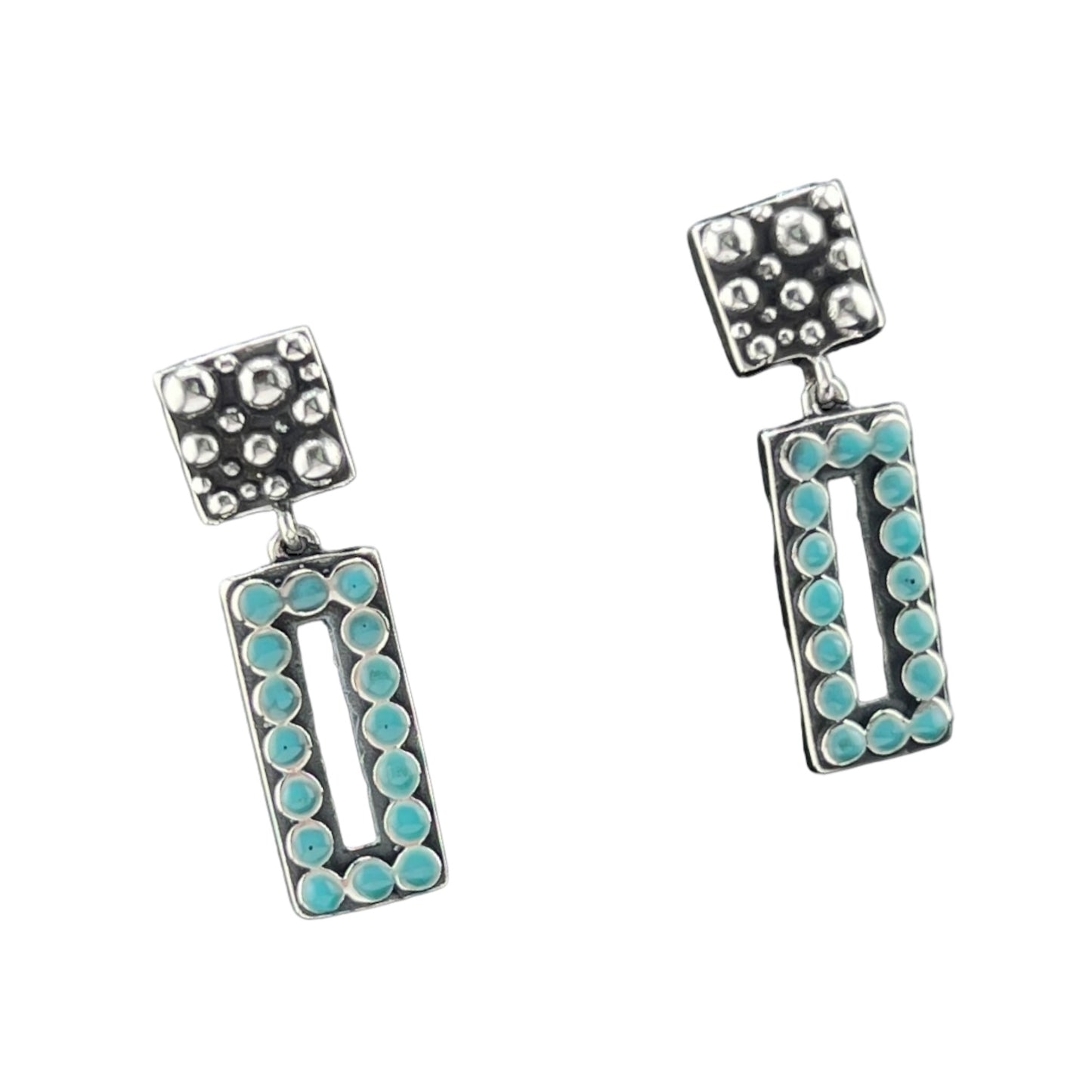 Sterling Silver .925POST Earrings 8mmx36mm Two Tier Rectangle with turquoise and Square with dots