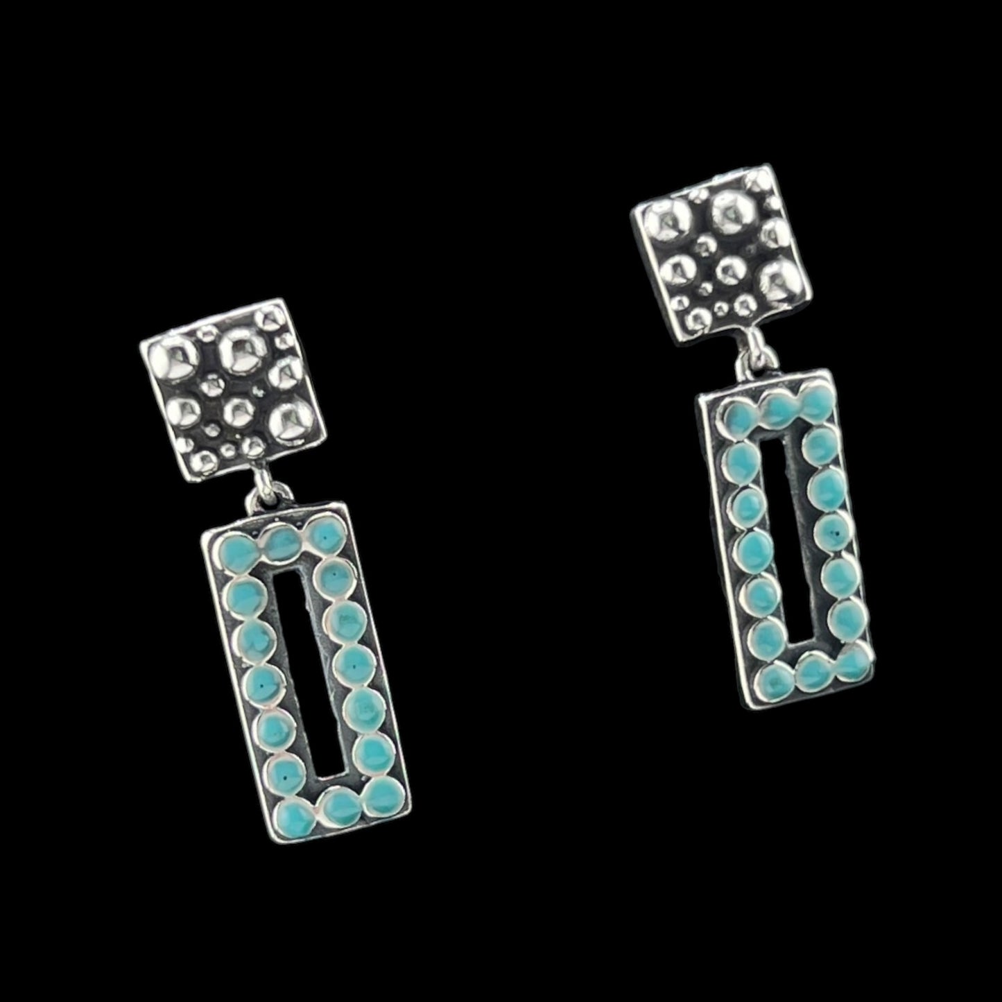Sterling Silver .925POST Earrings 8mmx36mm Two Tier Rectangle with turquoise and Square with dots