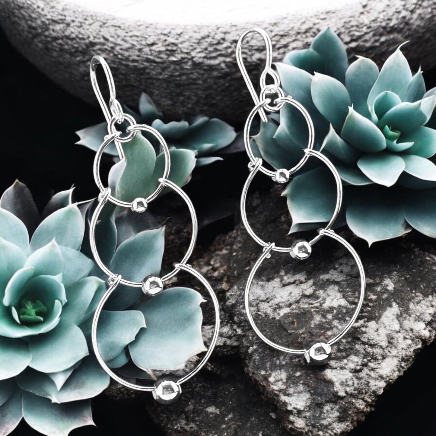Sterling Silver .925 HOOK Earrings 23mmx45mm Three tier circles with silver ball