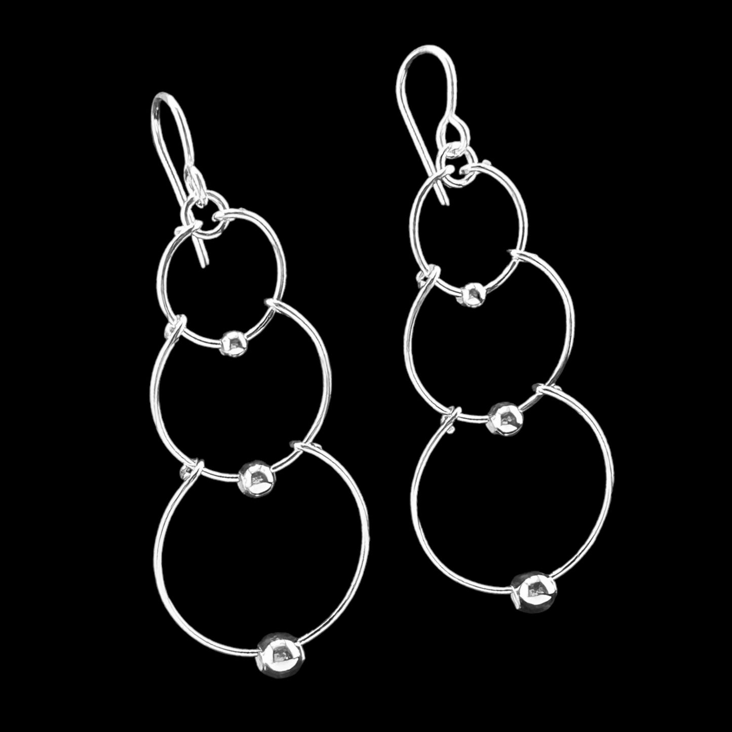 Sterling Silver .925 HOOK Earrings 23mmx45mm Three tier circles with silver ball